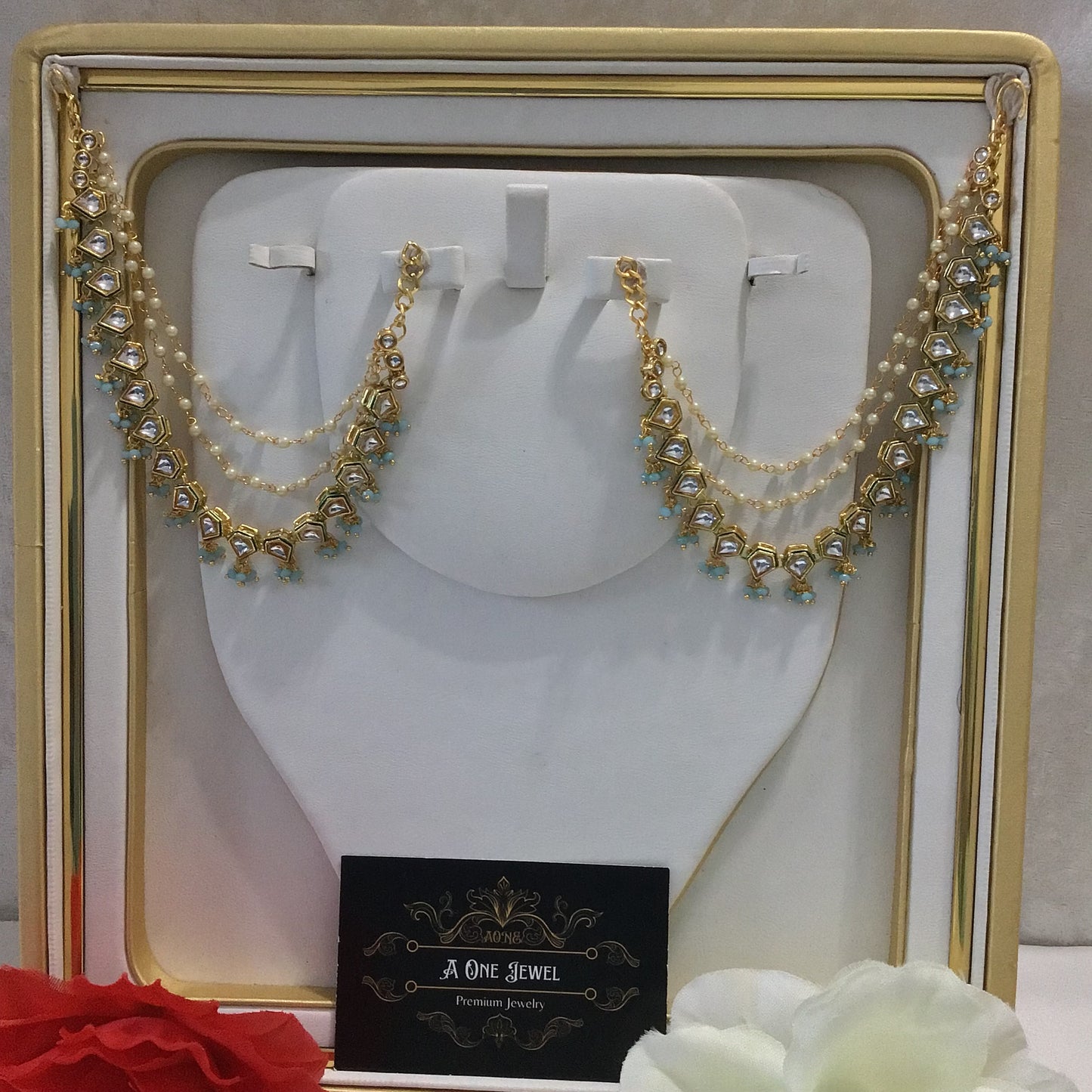 Sahara For Earrings, Gold Kundan Ear Chain, Ear Support