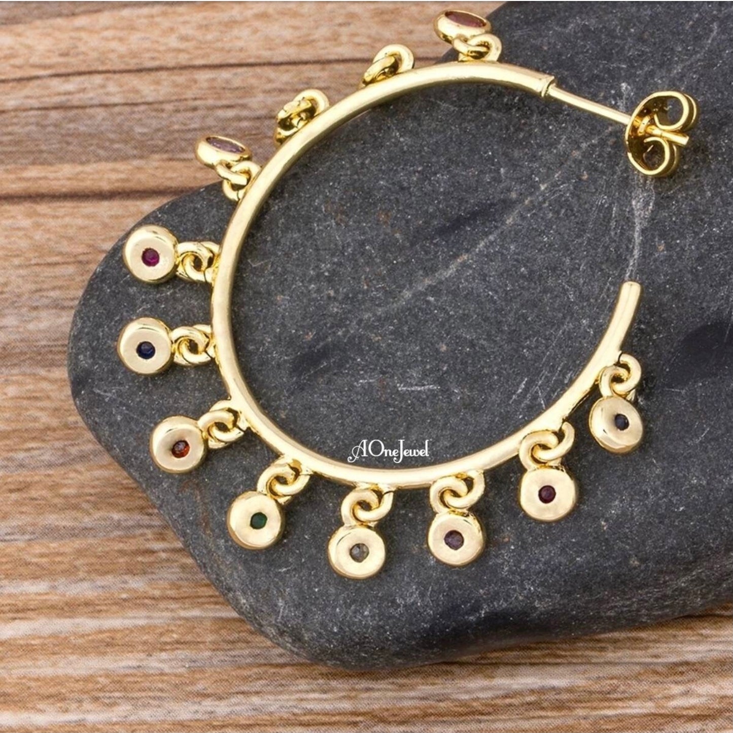 18K Gold Plated Rainbow CZ Hoop Earrings