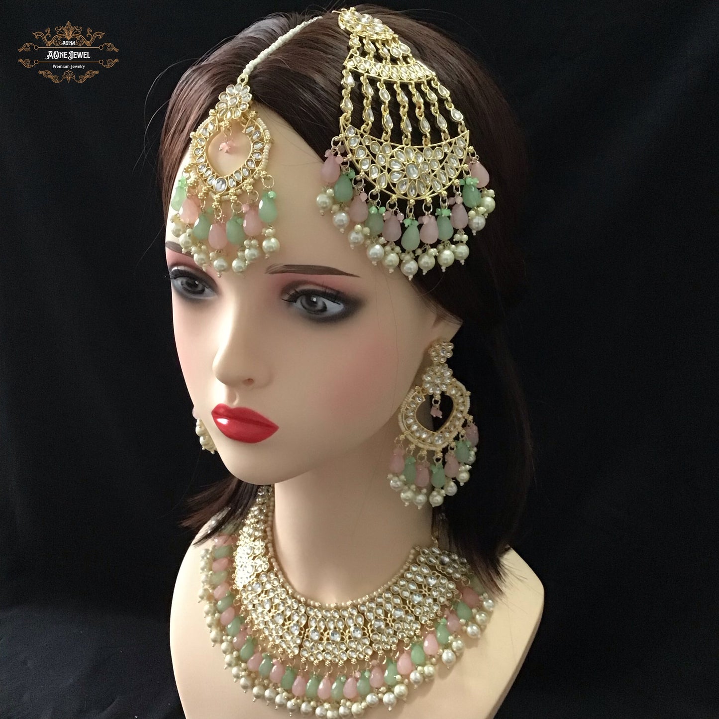 Indian Bridal Pastel Green Pink Necklace Earrings Jhoomar/Passa Tikka Set