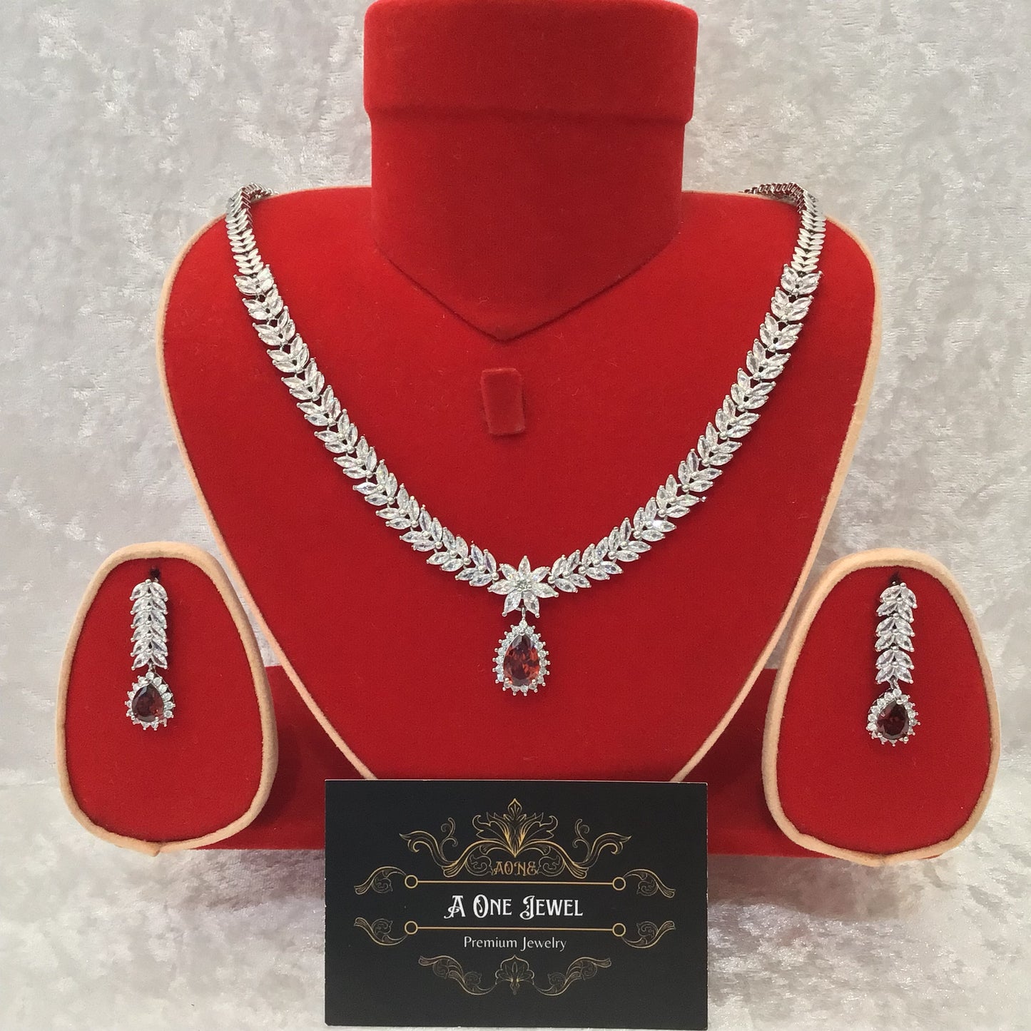 Exclusive Bridal Red CZ Diamond Cubic Zirconia Necklace Jewellery Set