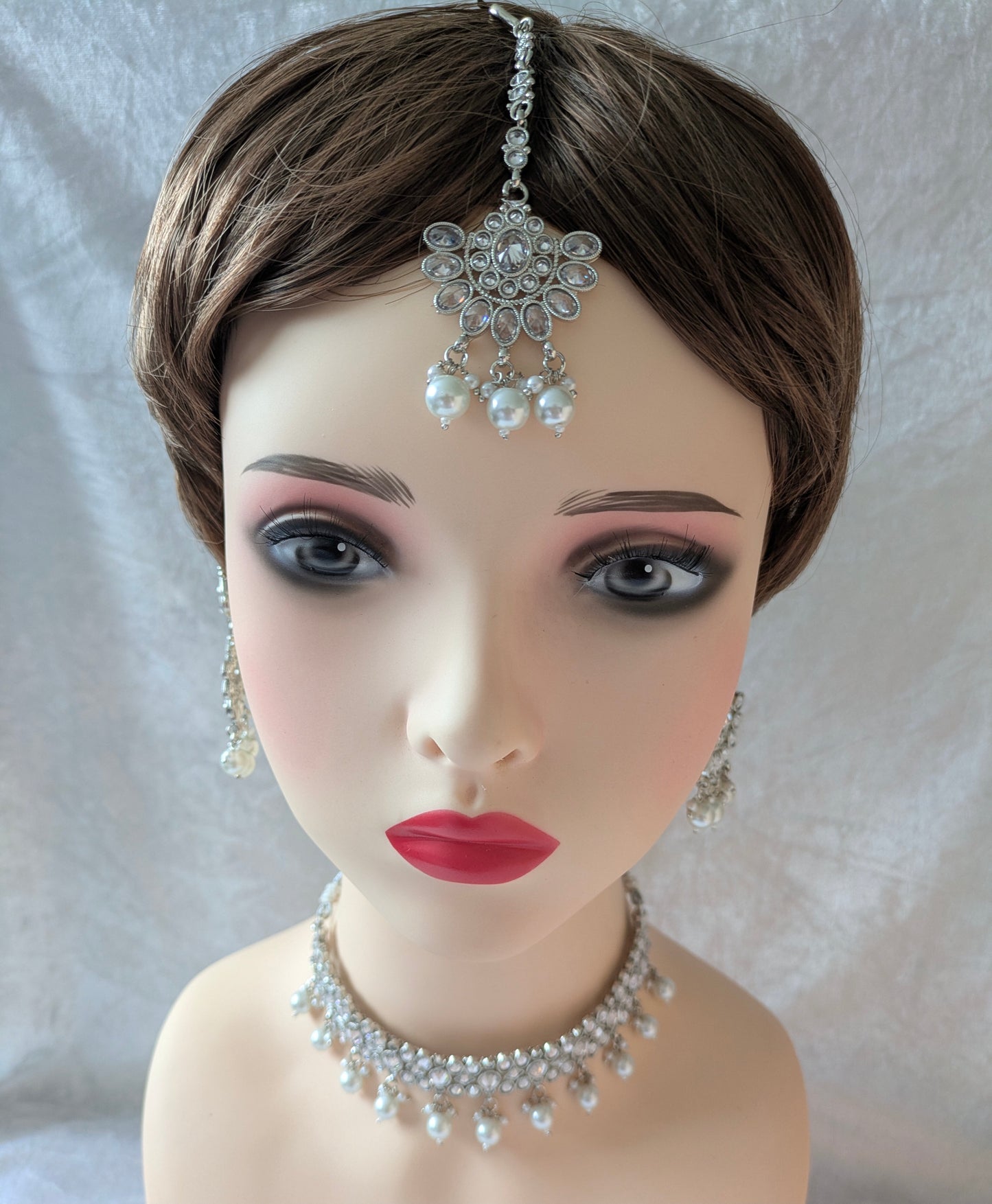 Indian Bridal Pearl Choker Necklace Jewellery Set, Silver Wedding Necklace Set