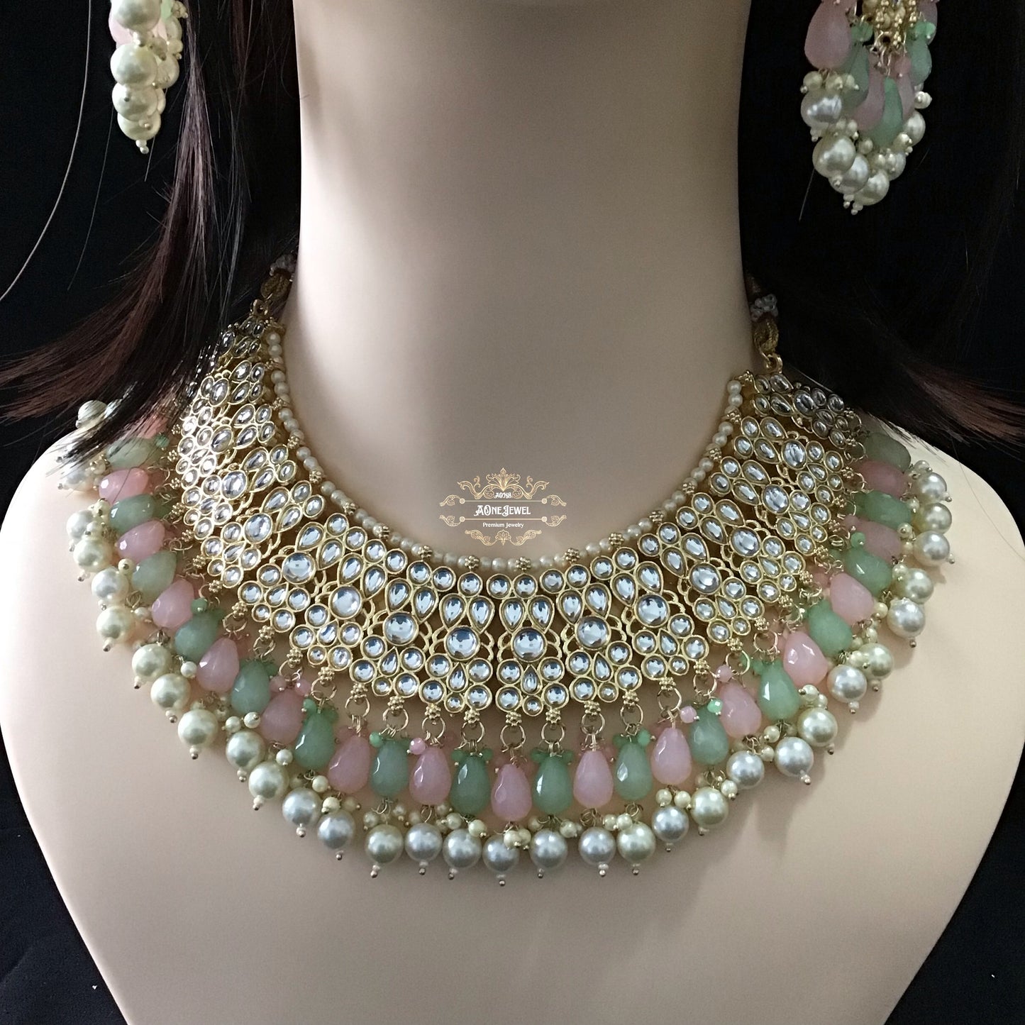 Indian Bridal Pastel Green Pink Necklace Earrings Jhoomar/Passa Tikka Set