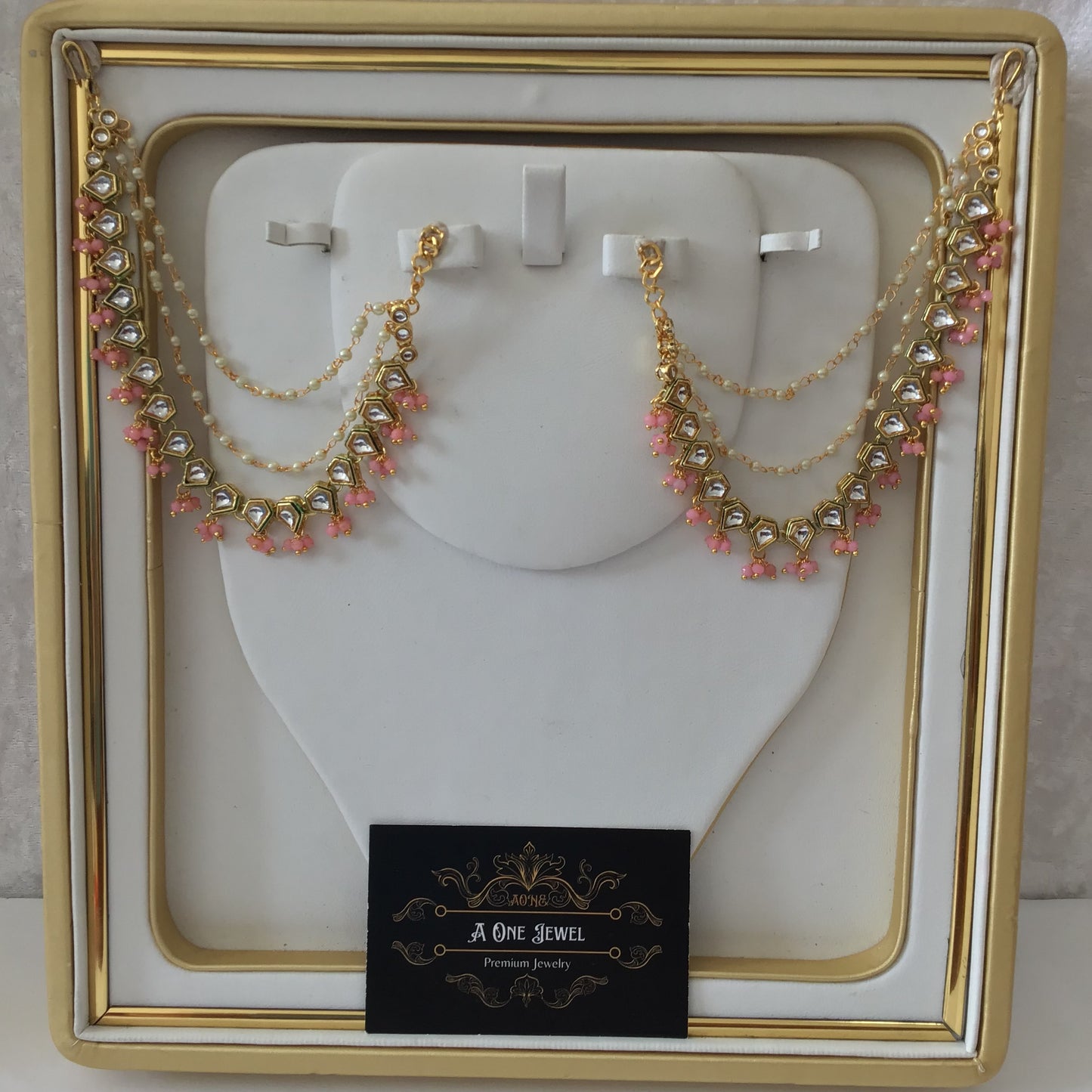 Sahara For Earrings, Gold Baby Pink Kundan Ear Chain, Ear Support