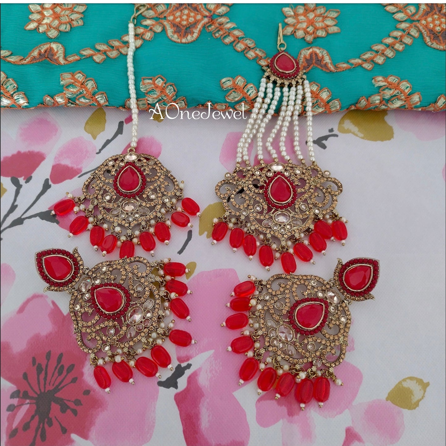 Antique Gold Red Bridal Choker Necklace Earrings Jhoomar Tikka Set
