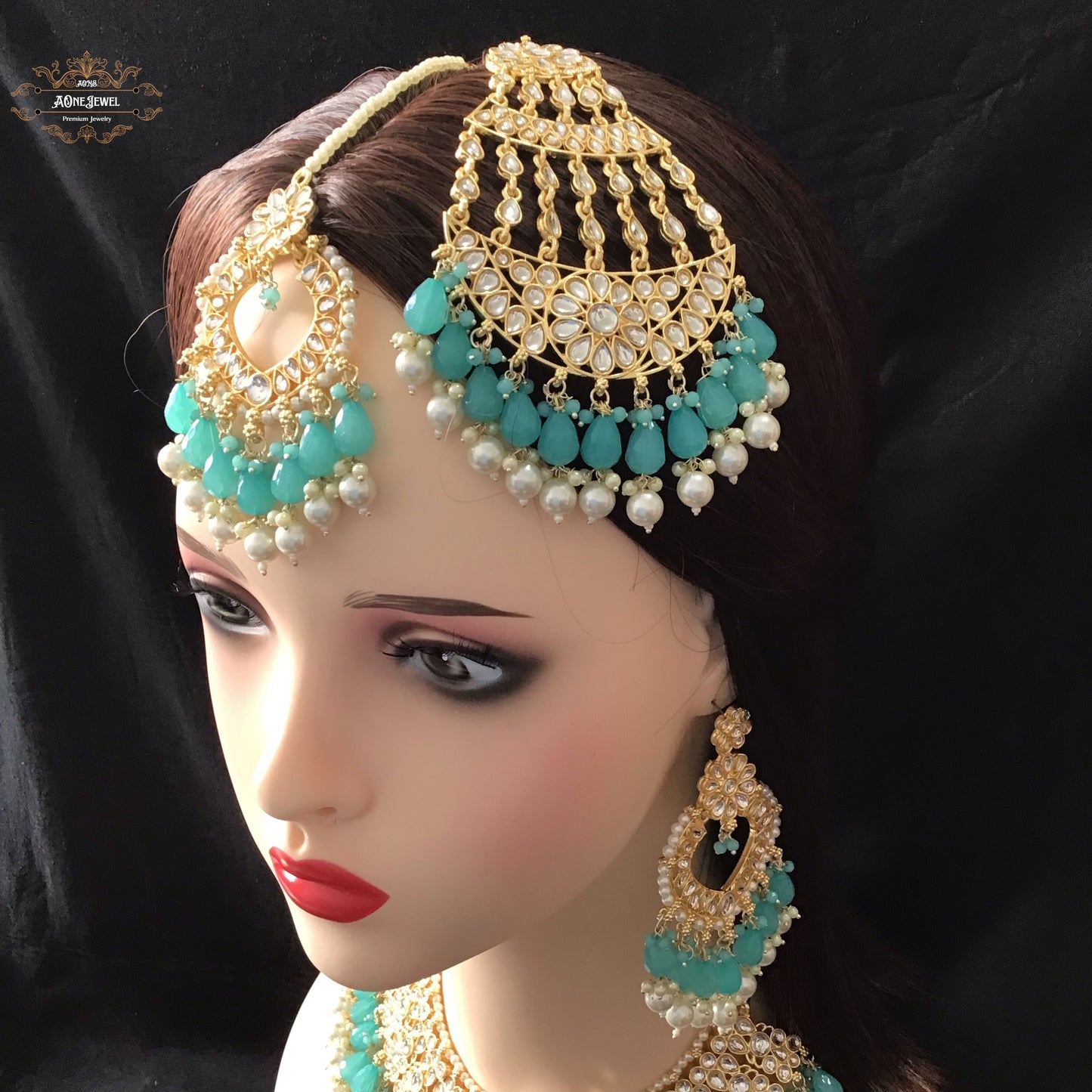 Indian Bridal Baby Blue Necklace Earrings Jhoomar Tikka Set