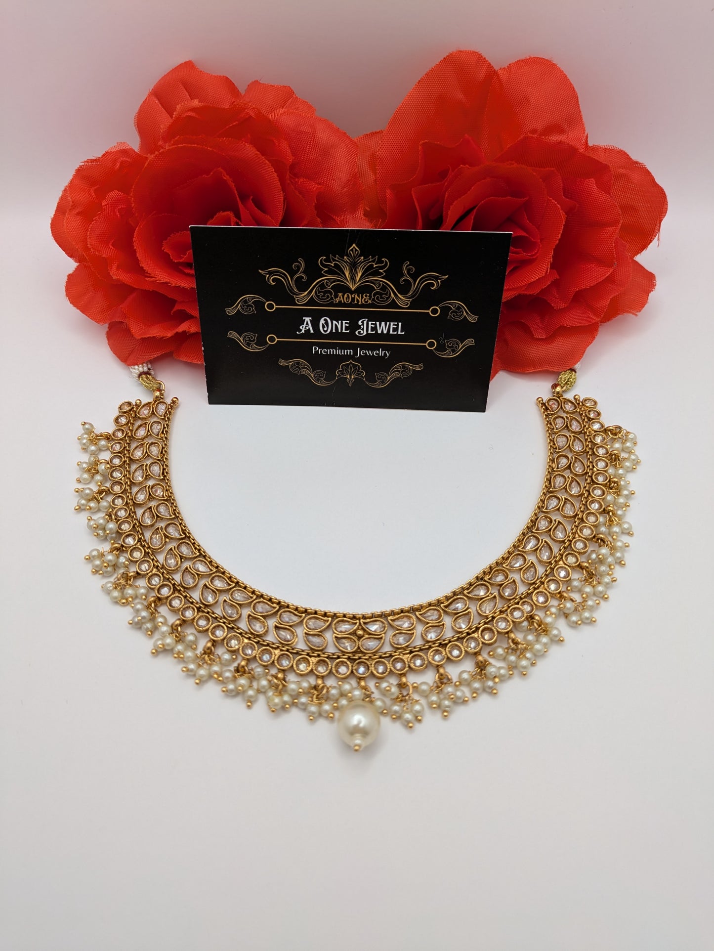 Indian Pakistani Ethnic Pearl Gold Plated Necklace Set