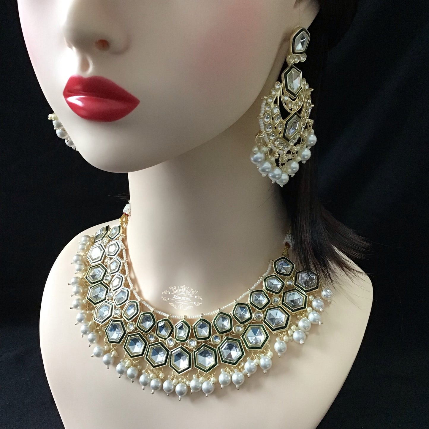 Indian Bridal Ivory Pearls Necklace Earrings Jhoomar Tikka Set