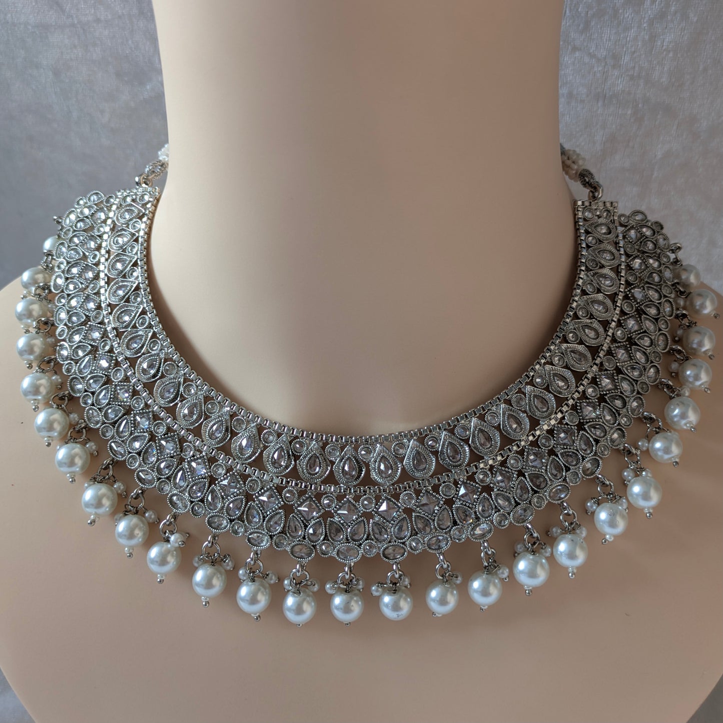 Indian Bridal Pearl Statement Necklace Jewellery Set, Silver Wedding Necklace Set