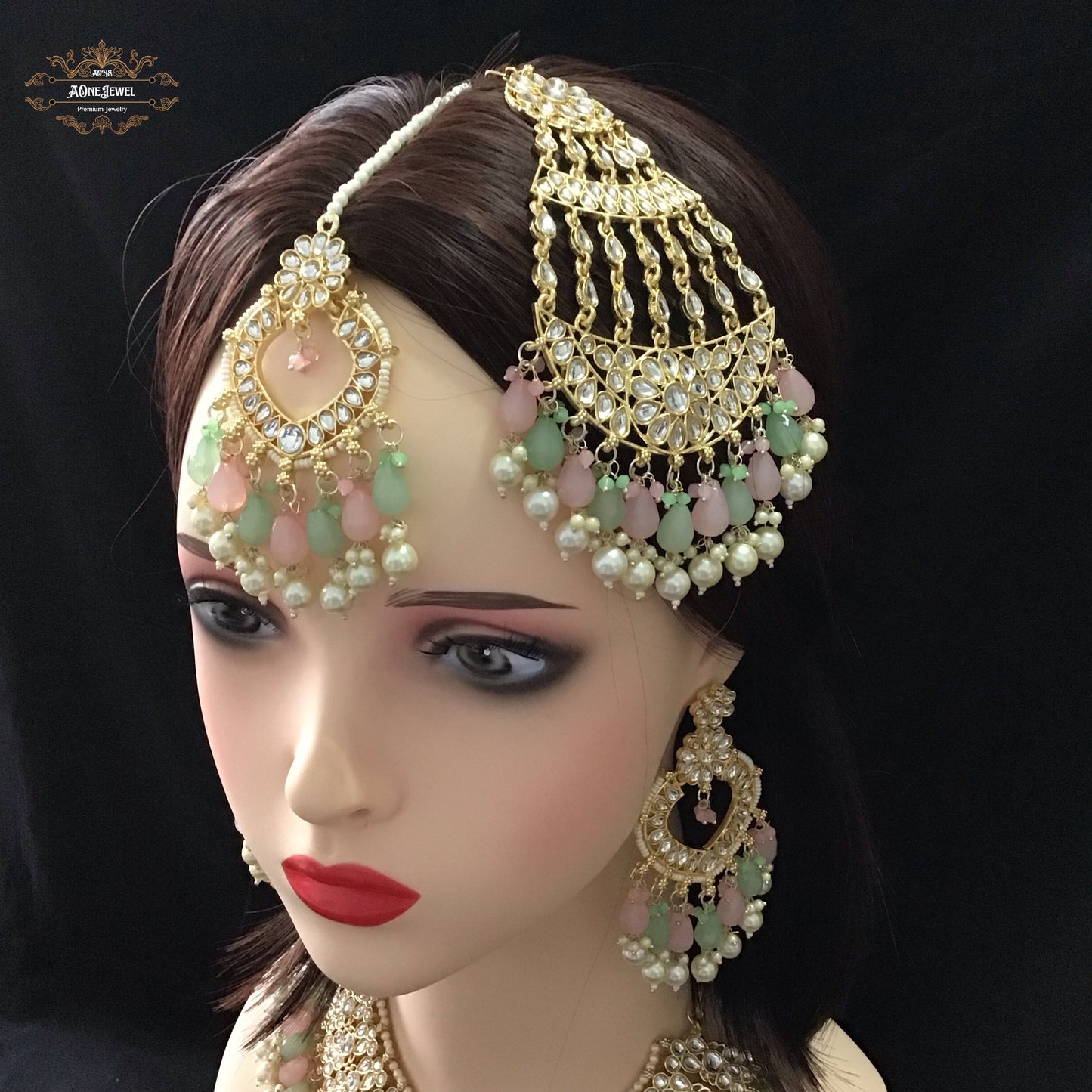 Indian Bridal Pastel Green Pink Necklace Earrings Jhoomar/Passa Tikka Set