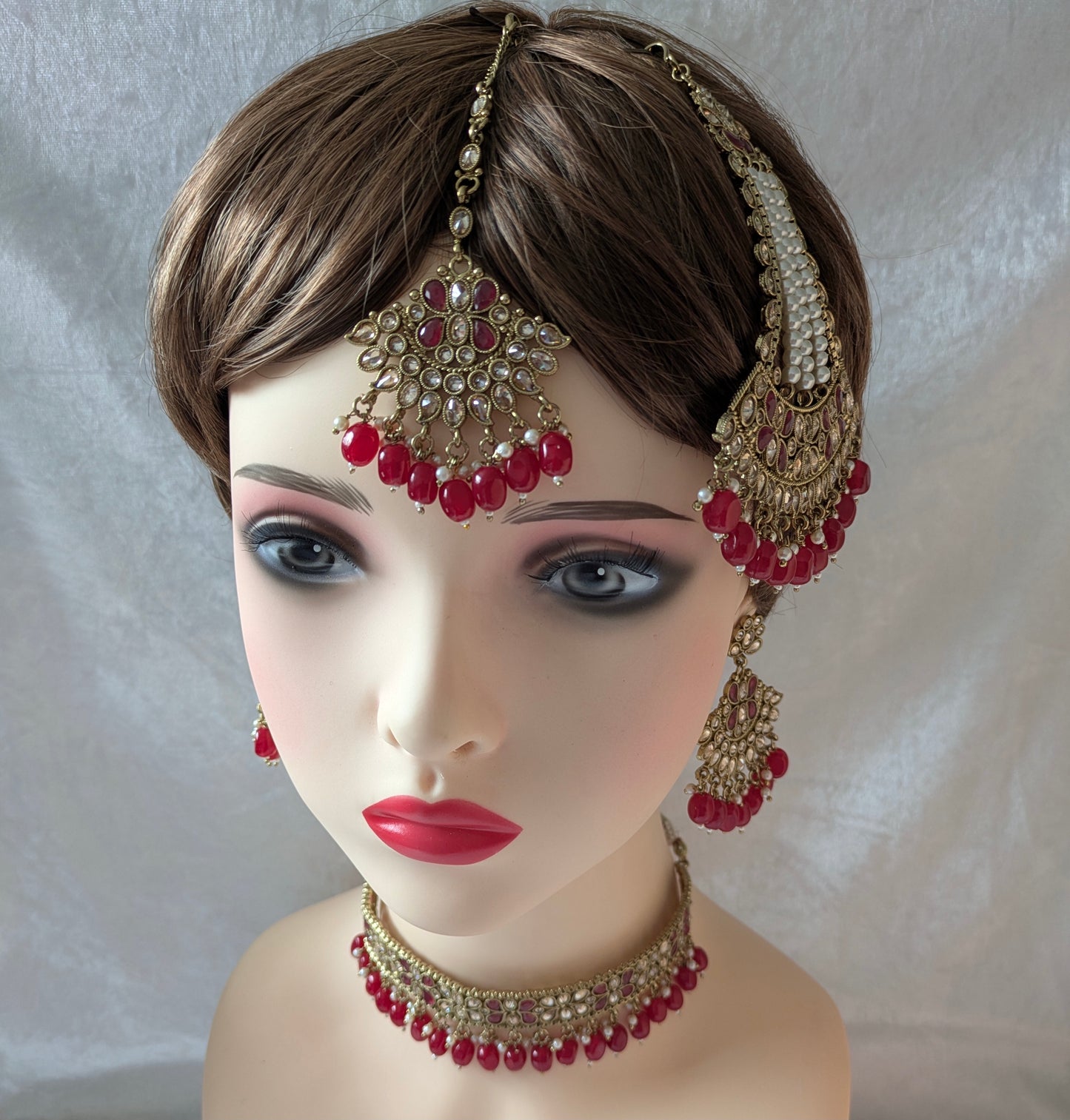 Indian Gold Plated Kundan Choker Earrings Tikka Jhoomar Set