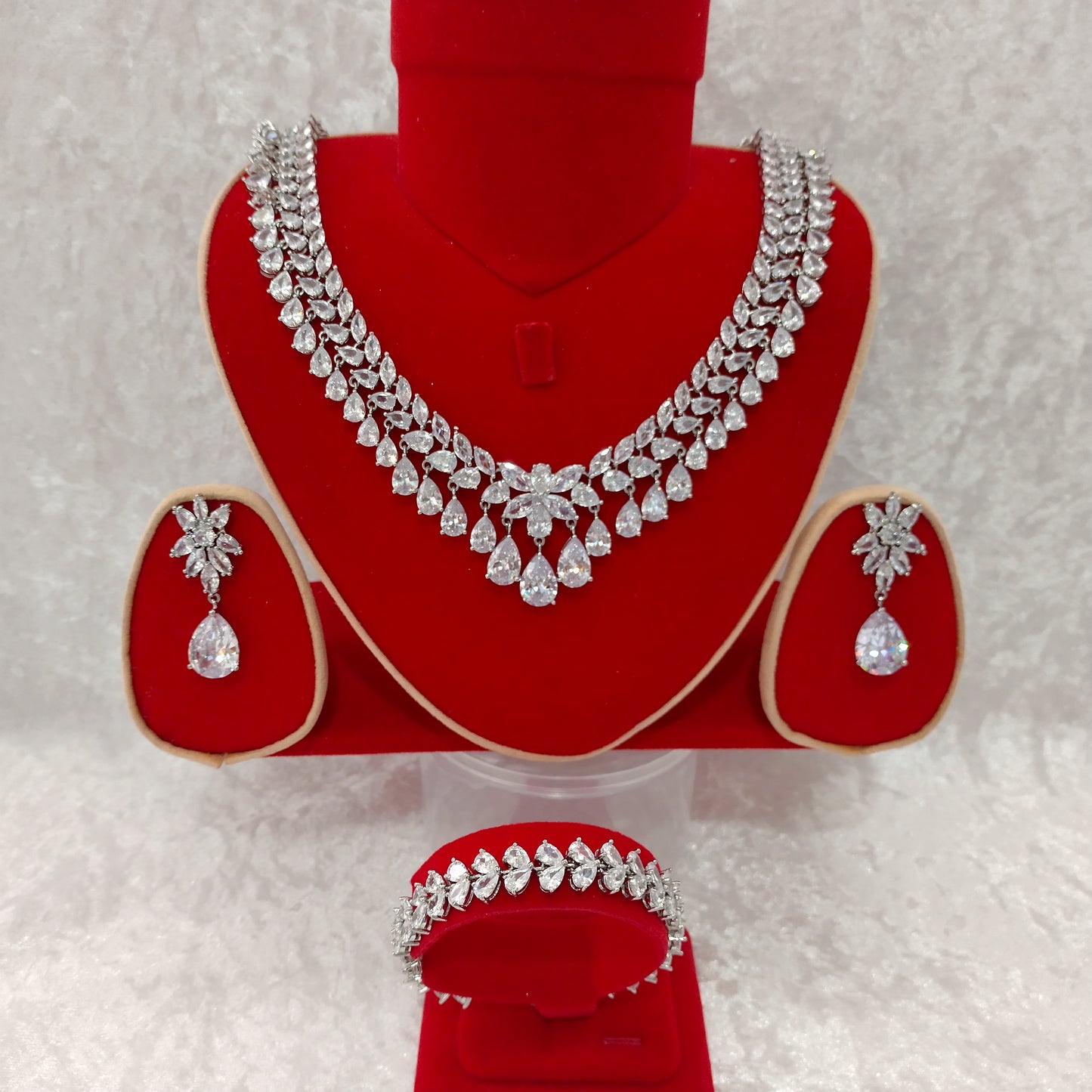 Luxury Indian Bridal Silver CZ Diamond Necklace Set