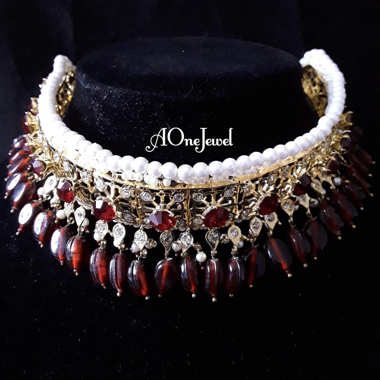 Indian Hyderabadi jadau lacha jewelry set choker necklace set with jhumki tikka & jhoomar pakistani designer jewelry bespoke sabysachi jewel