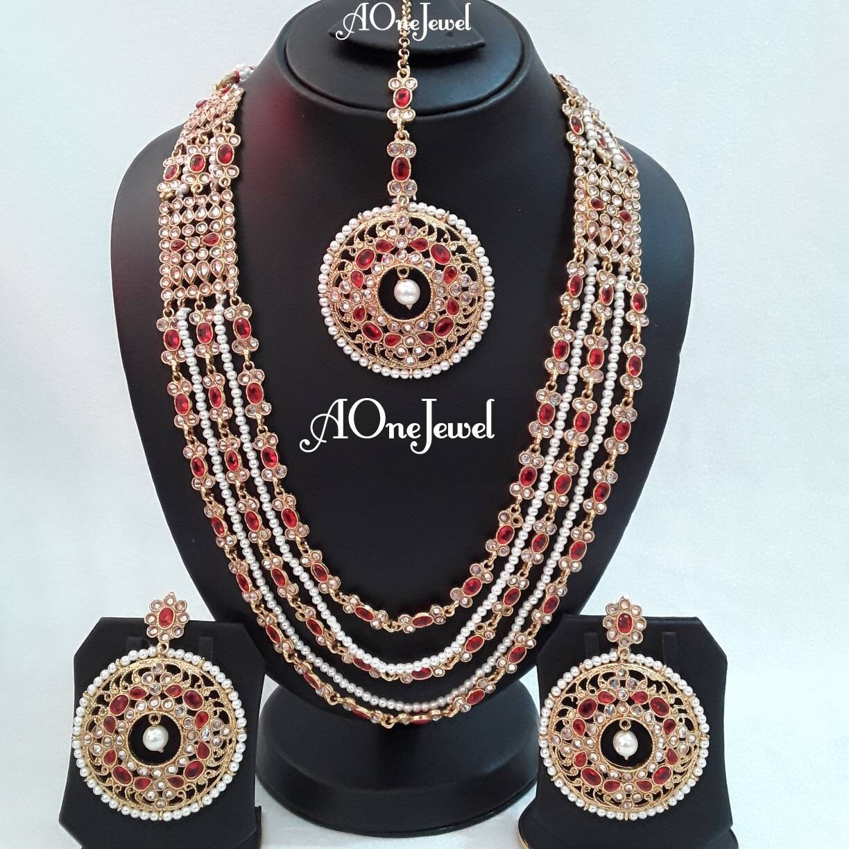Indian wedding bridal jewellery set long necklace set earrings tikka gold plated jewellery ethnic kundan necklace pakistani designer set