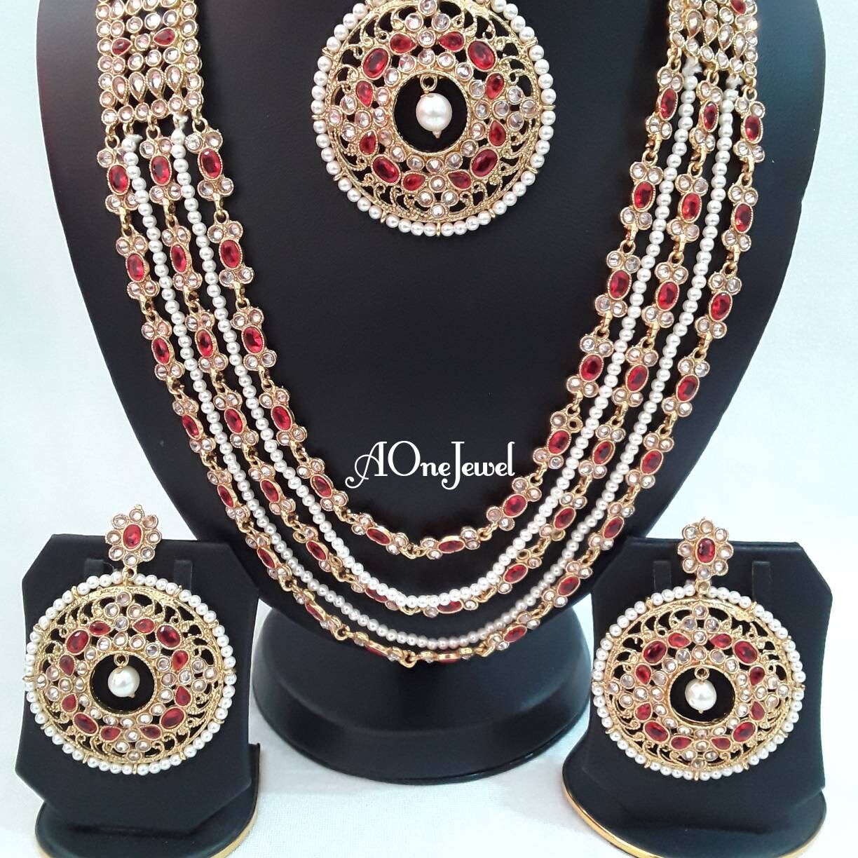 Indian wedding bridal jewellery set long necklace set earrings tikka gold plated jewellery ethnic kundan necklace pakistani designer set