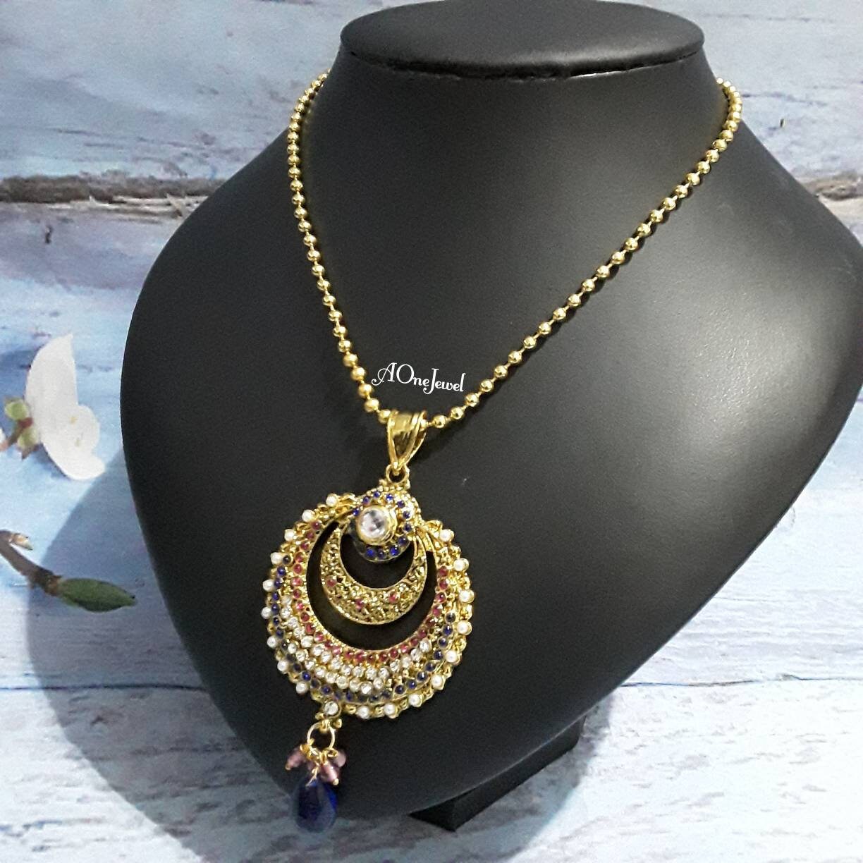 Indian Gold Plated Pendant Earrings Chain Set, Kundan Polki Pearl Jewellery Set, Party Wear Pendant Necklace Set, Pakistani Jewellery Set