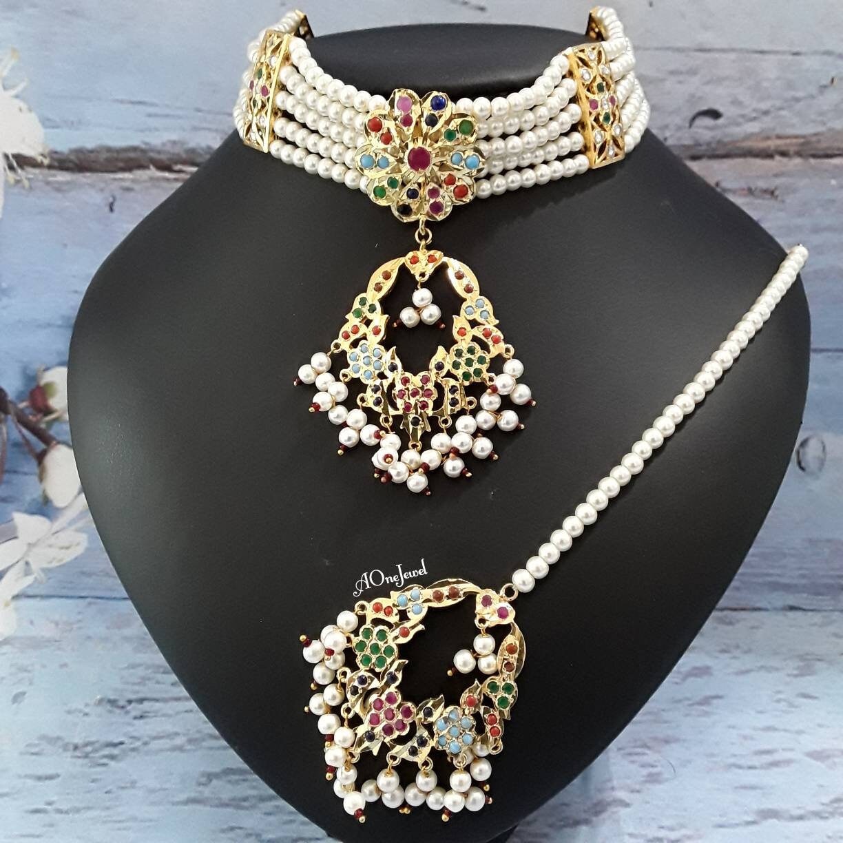 Indian Hyderabadi Jadau Nikah Bali Gold Plated Choker Jewelry Set, Necklace Set, Nauratan, Indian Jewelry, Pakistani Jewelry,Sabysachi Jewel