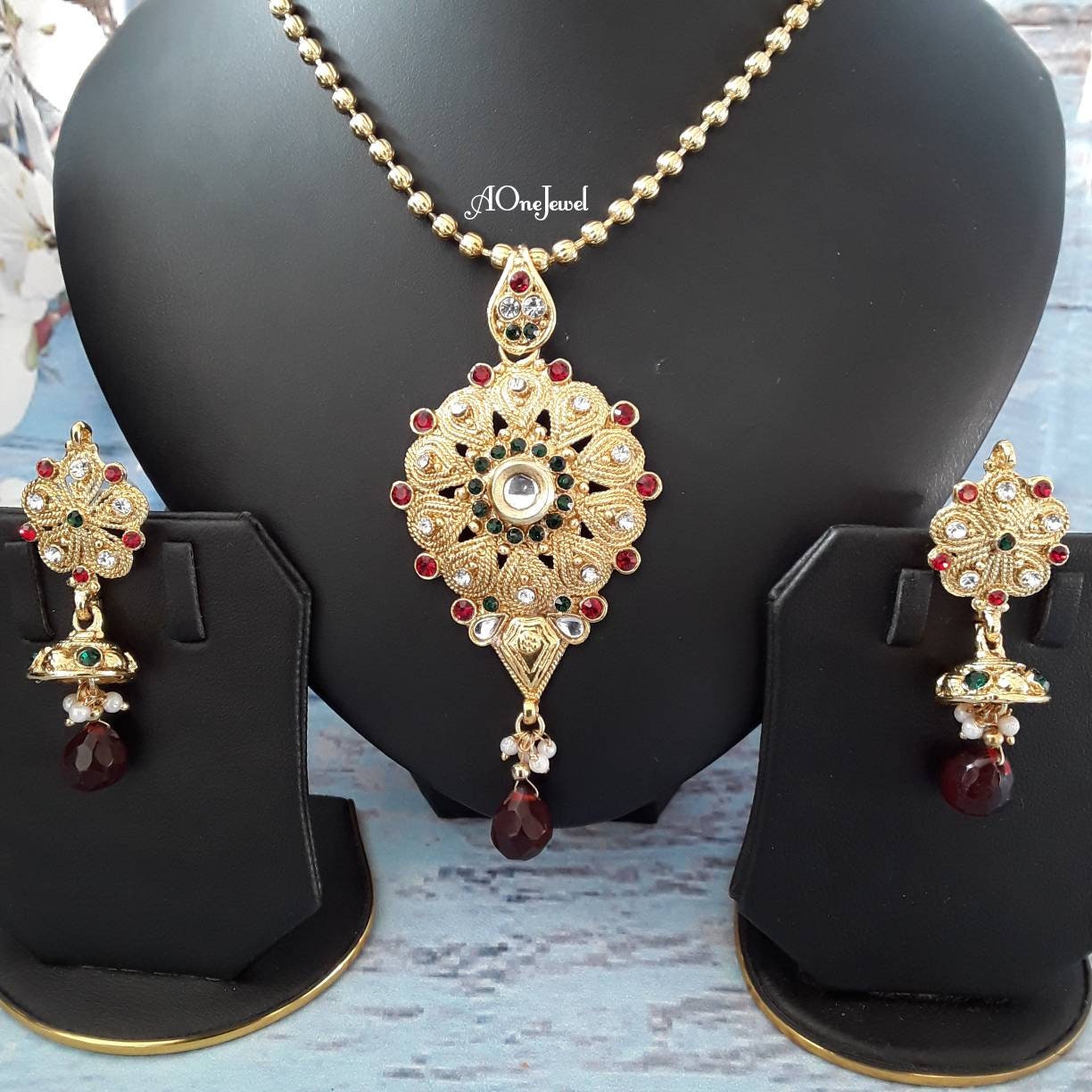 Indian Gold Plated Pendant Jhumki Earrings Chain Set, Kundan Pearl Jewellery Set, Party Wear Pendant Necklace Set, Pakistani Jewellery Set
