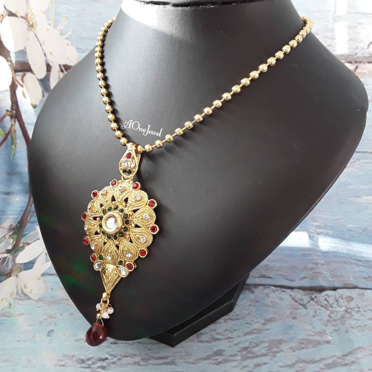 Indian Gold Plated Pendant Jhumki Earrings Chain Set, Kundan Pearl Jewellery Set, Party Wear Pendant Necklace Set, Pakistani Jewellery Set