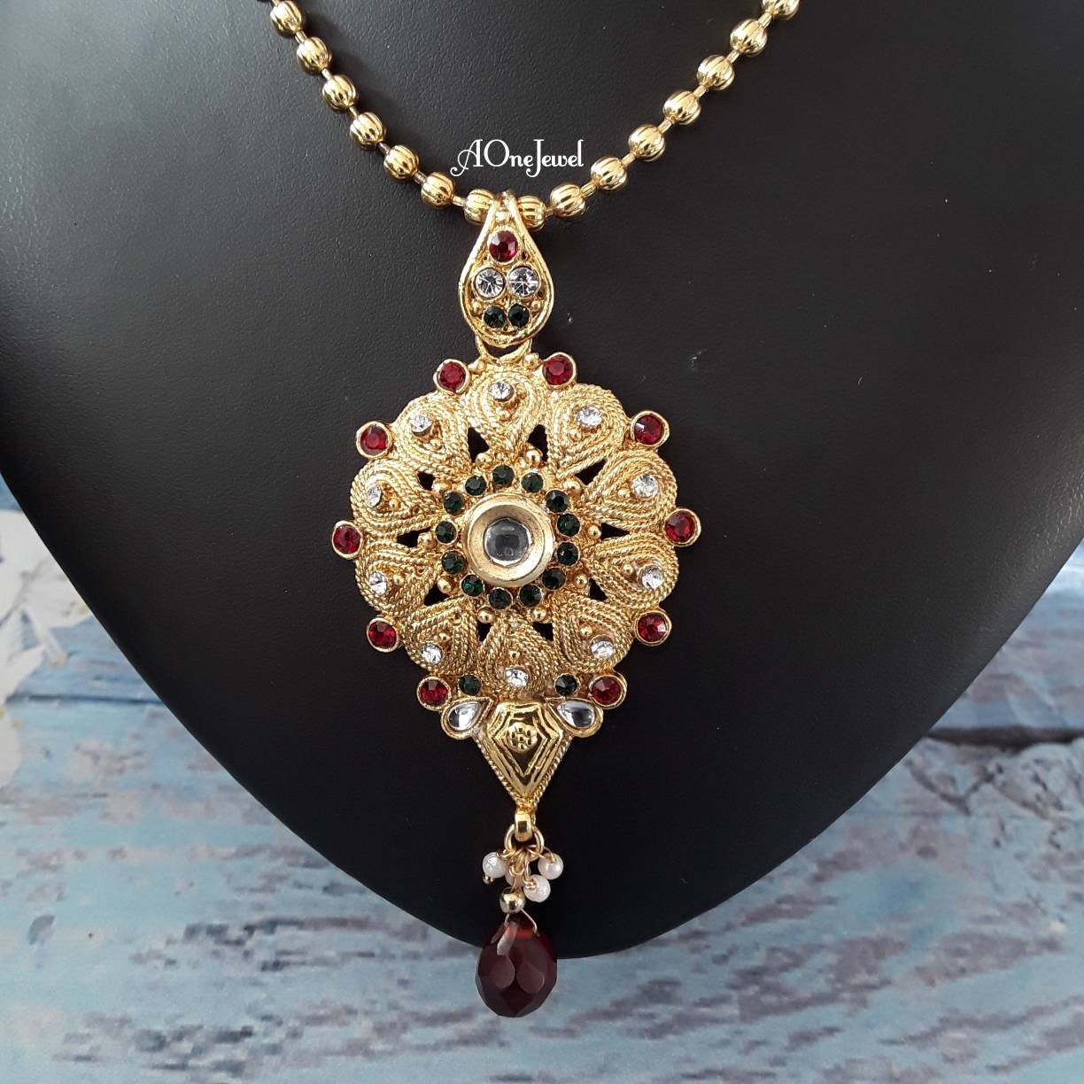 Indian Gold Plated Pendant Jhumki Earrings Chain Set, Kundan Pearl Jewellery Set, Party Wear Pendant Necklace Set, Pakistani Jewellery Set