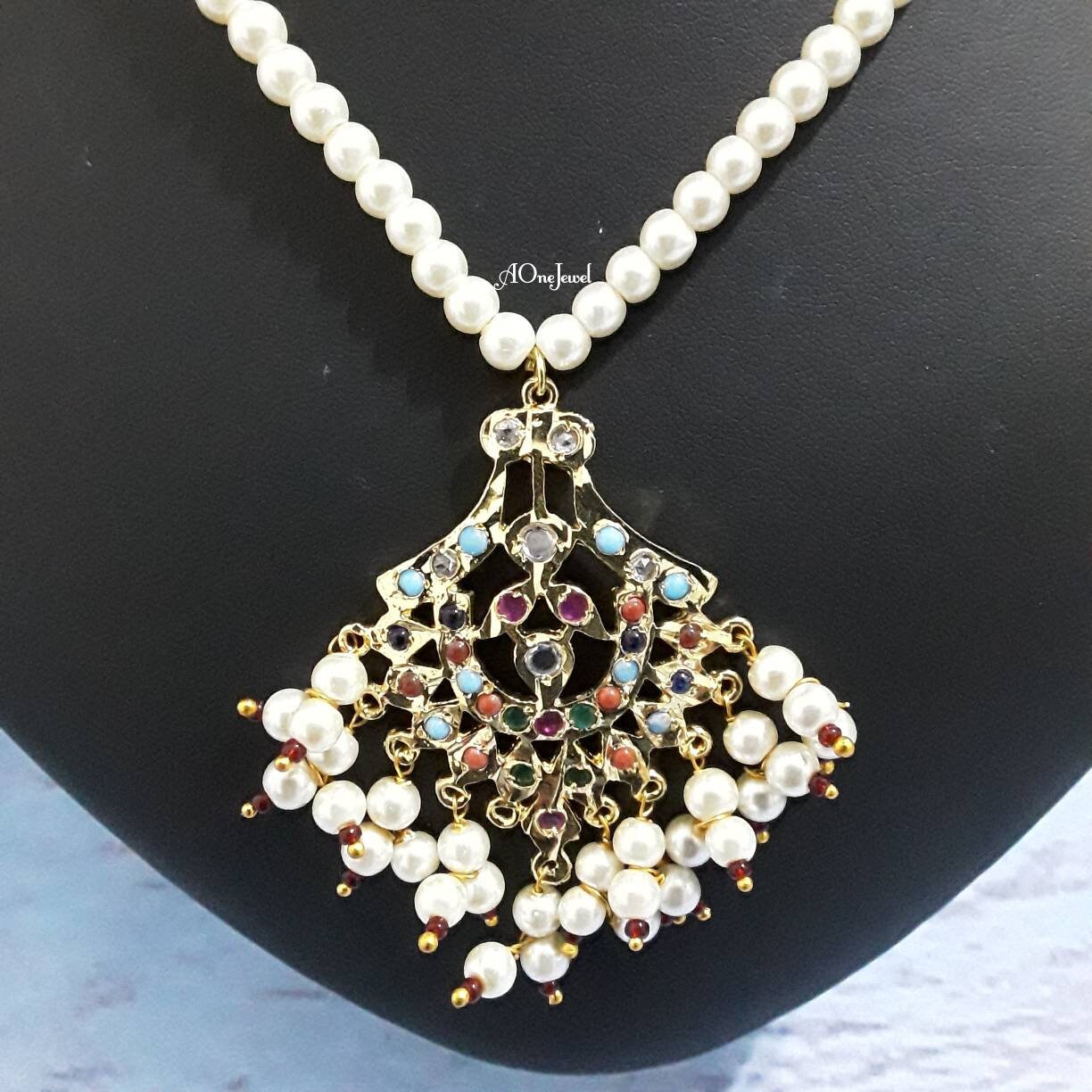 Indian Hyderabadi nizam jadau nauratan jewellery set with jhumki earrings, pendant necklace set, pakistani designer Jewlry, sabysachi jewel