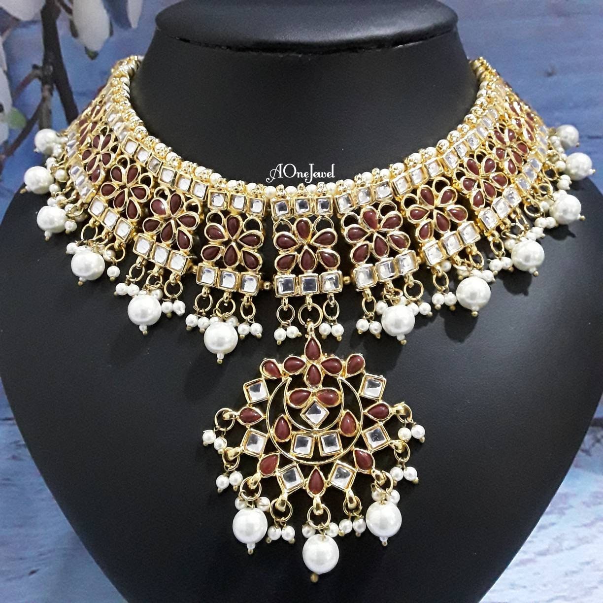 Indian Ethnic Kundan Pearl Maroon Colour Gold Plated Statement Necklace, Kundan Pearl Necklace, Wedding Necklace, Pakistani Jewellery