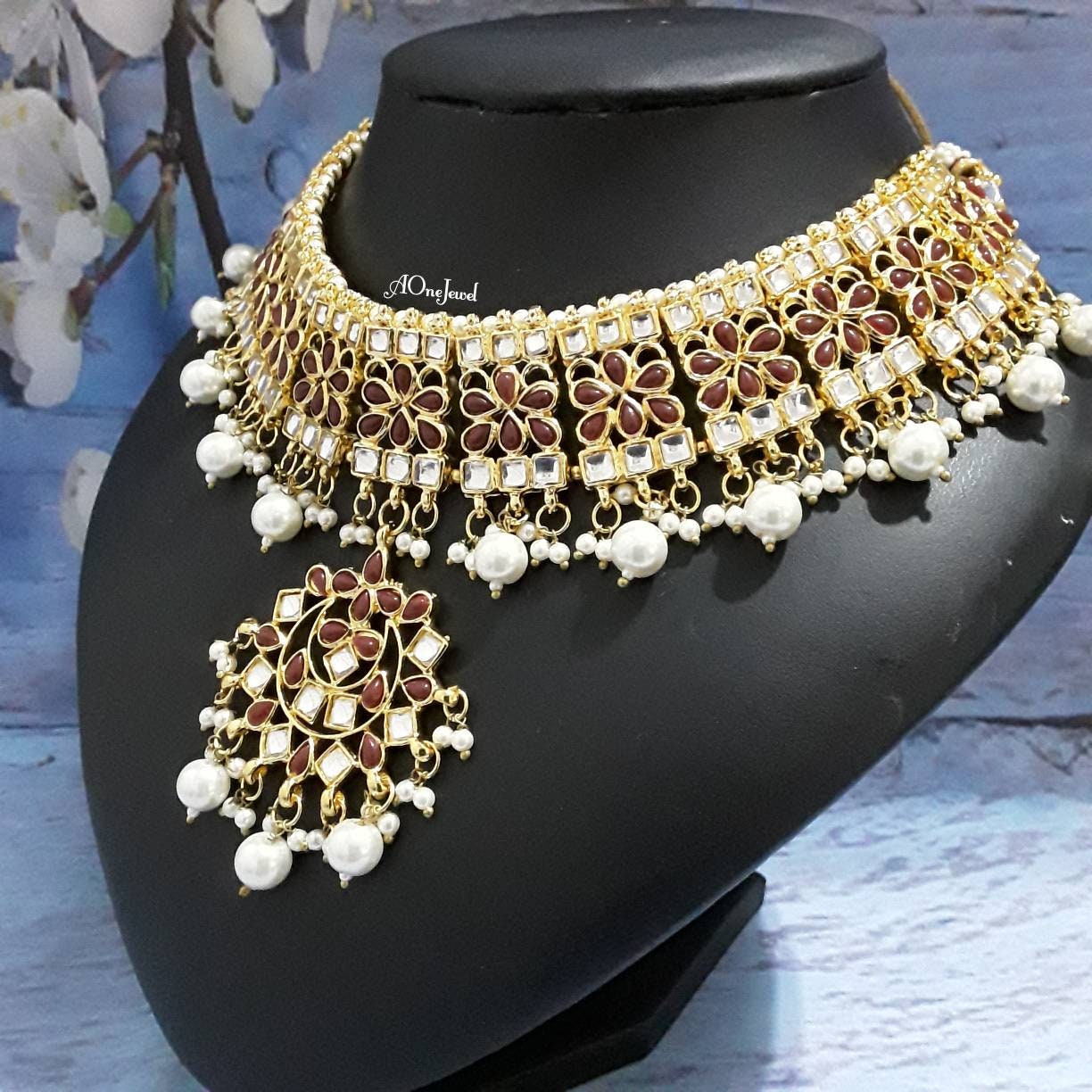 Indian Ethnic Kundan Pearl Maroon Colour Gold Plated Statement Necklace, Kundan Pearl Necklace, Wedding Necklace, Pakistani Jewellery