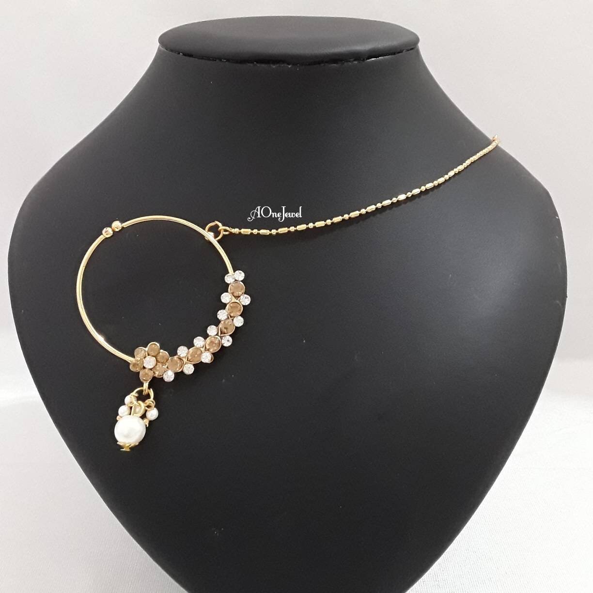 Indian Bollywood Style Nath, Traditional Nose Ring Non-Pierce Nose Ring, ose Ring Chain, Nathni Jewelry, Wedding Jewelry, Nose Hoops