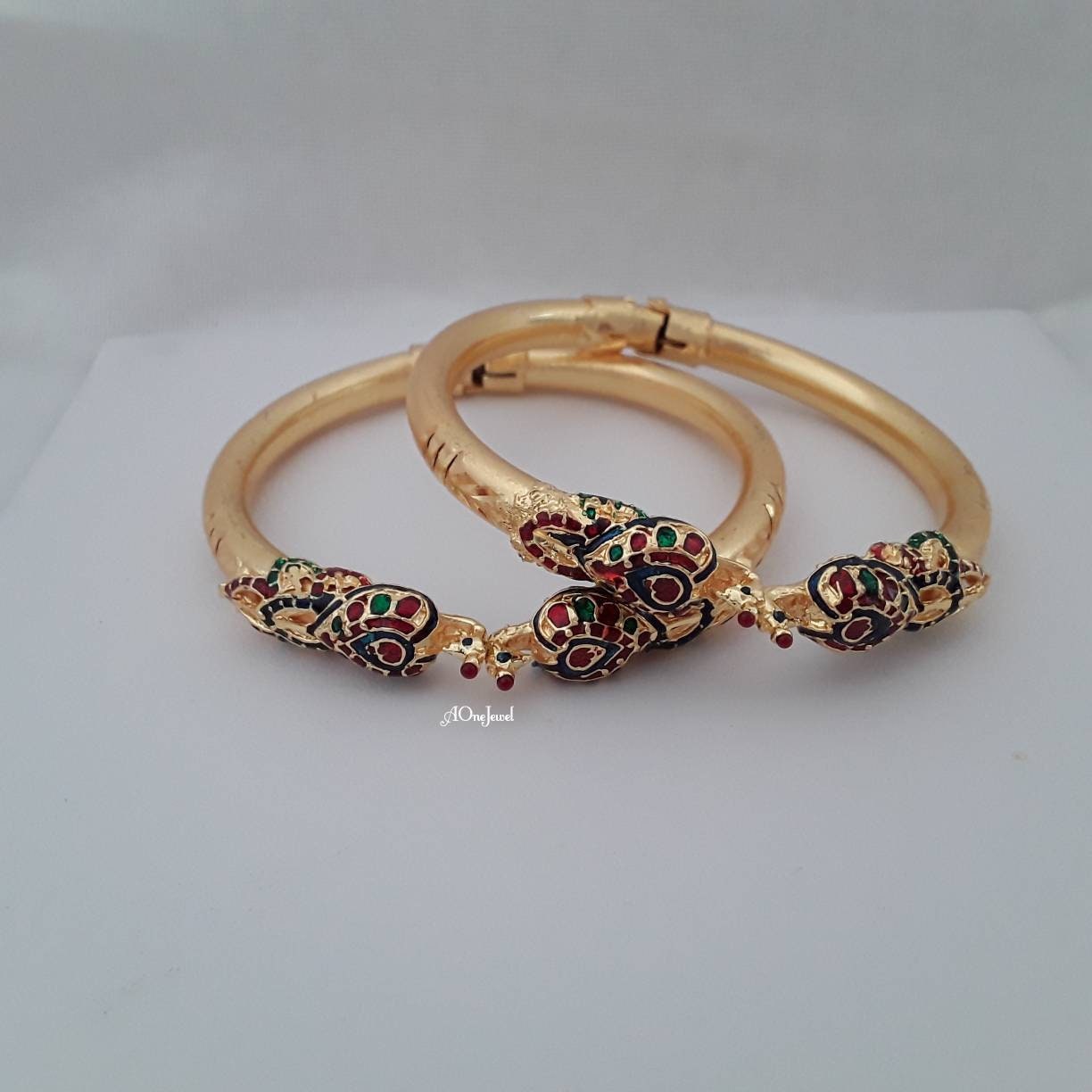 Indian Ethnic 2pcs Gold Plated Peacock Openable Bangles Size 2.6, Indian Jewelry, Pakistani Jewelry, Bangles, Bracelet, Kada, Ethnic Bangles
