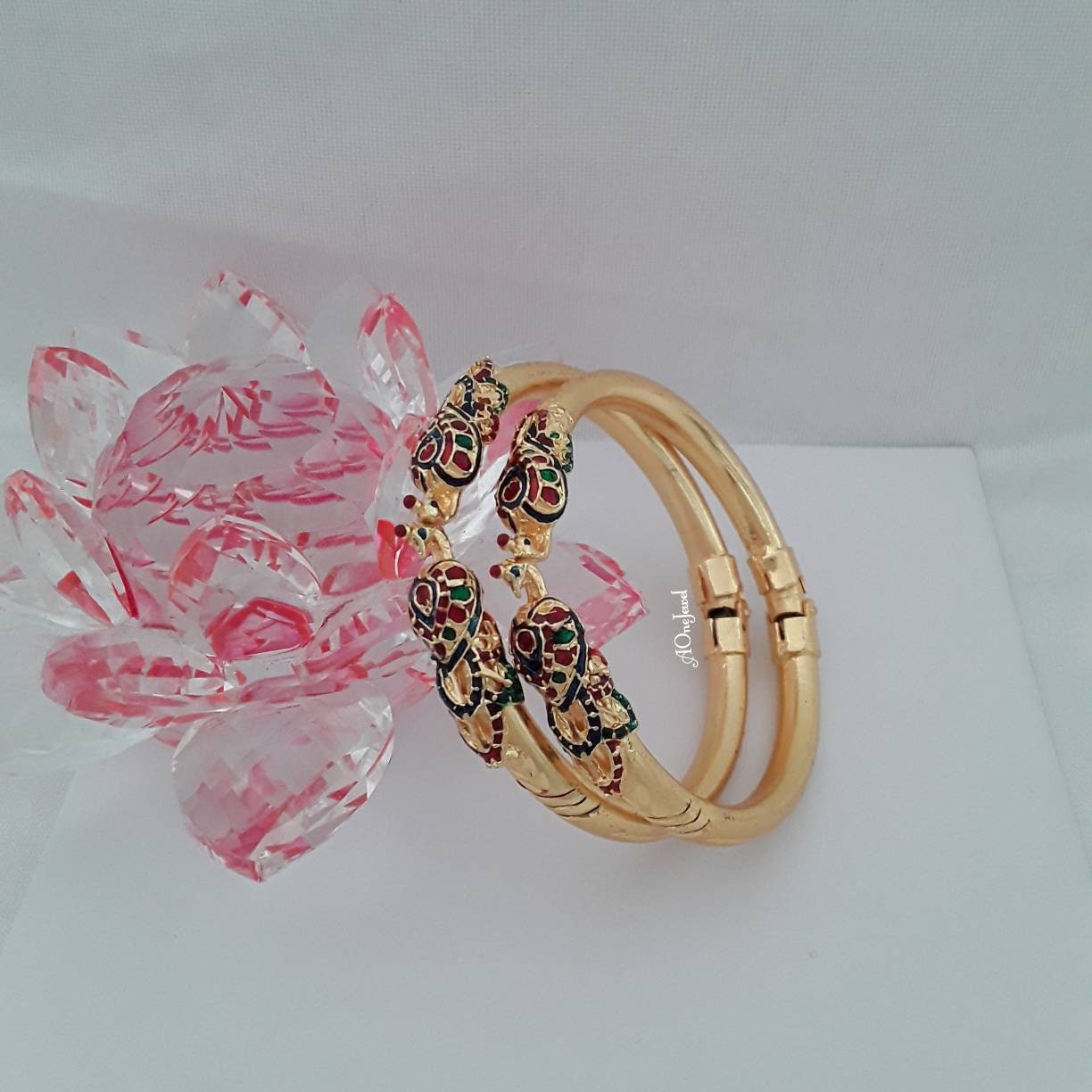 Indian Ethnic 2pcs Gold Plated Peacock Openable Bangles Size 2.6, Indian Jewelry, Pakistani Jewelry, Bangles, Bracelet, Kada, Ethnic Bangles