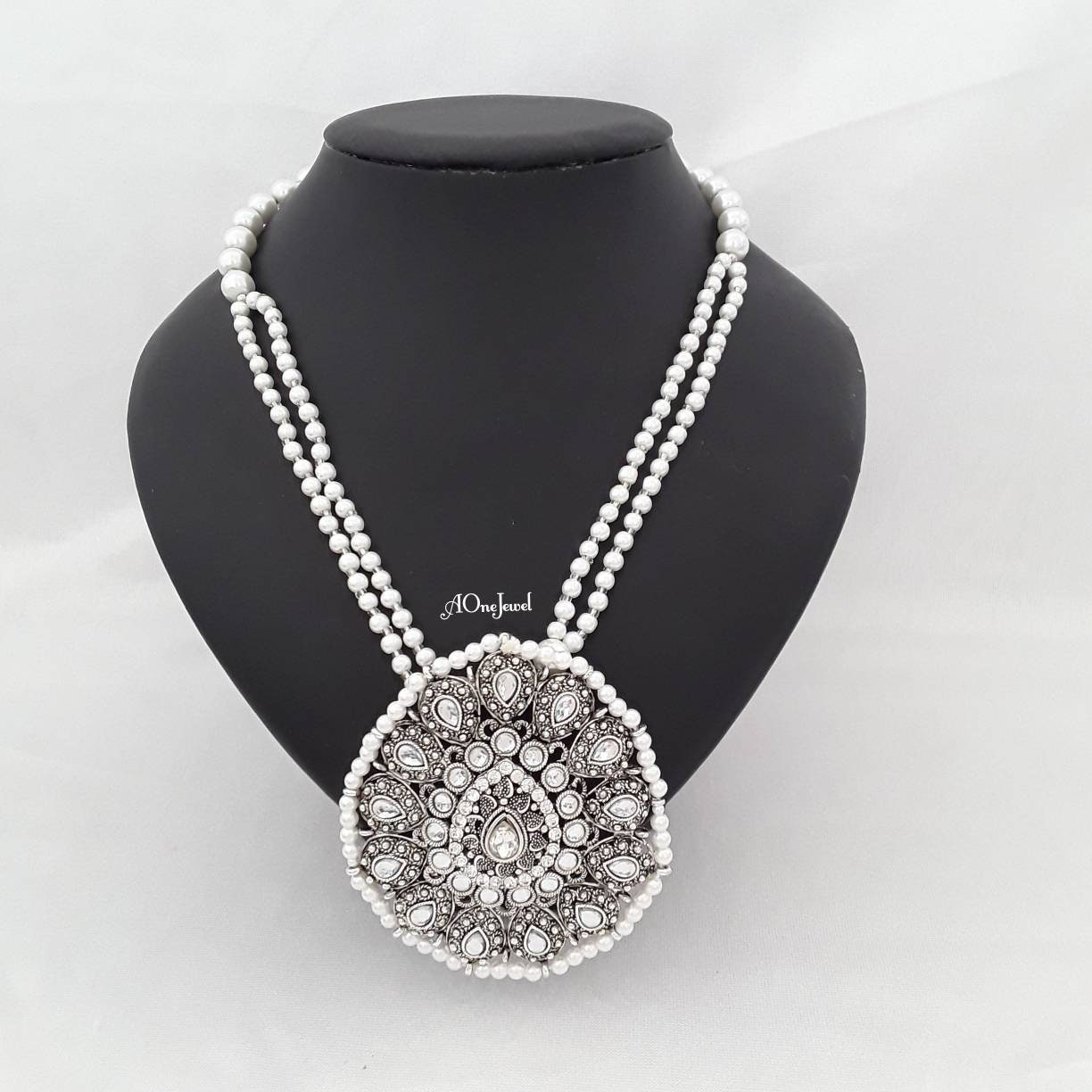 Indian Ethnic Kundan Pearl Necklace, Antique Silver Plated Necklace Wedding Jewellery, Pakistani Jewellery, Sabysachi Jewellery,