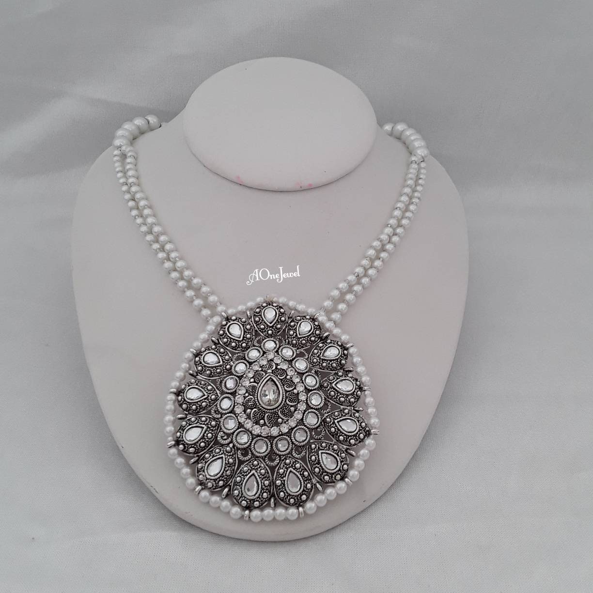 Indian Ethnic Kundan Pearl Necklace, Antique Silver Plated Necklace Wedding Jewellery, Pakistani Jewellery, Sabysachi Jewellery,