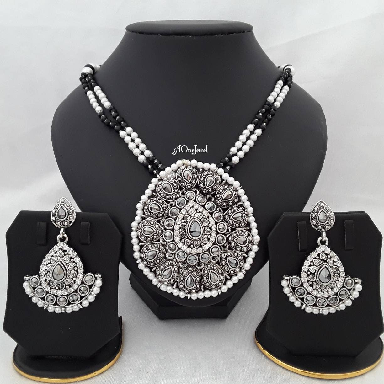 Indian Ethnic Kundan Pearl Necklace Earrings Set, Antique Silver Plated Necklace Set, Wedding Jewellery Set, Pakistani Jewellery Set
