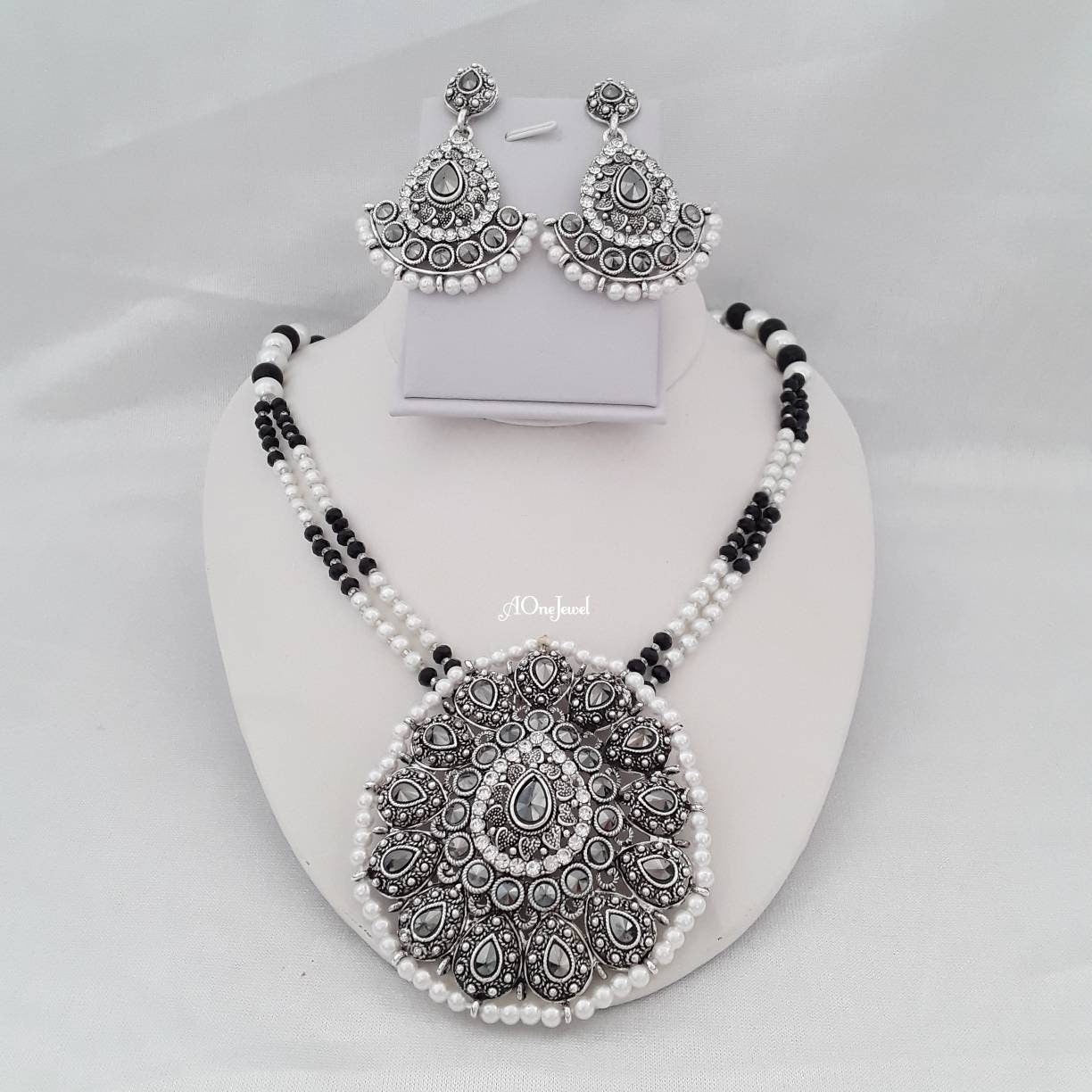 Indian Ethnic Kundan Pearl Necklace Earrings Set, Antique Silver Plated Necklace Set, Wedding Jewellery Set, Pakistani Jewellery Set