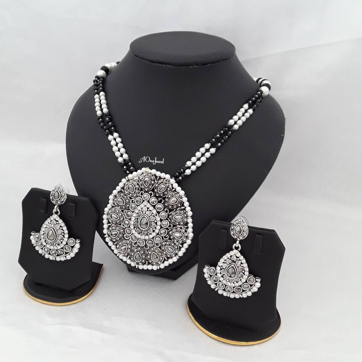 Indian Ethnic Kundan Pearl Necklace Earrings Set, Antique Silver Plated Necklace Set, Wedding Jewellery Set, Pakistani Jewellery Set