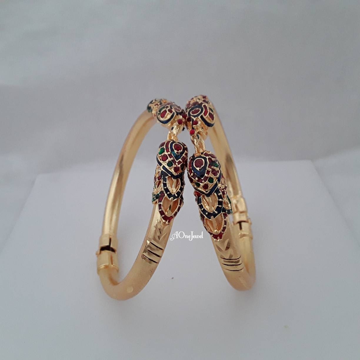 Indian Ethnic 2pcs Gold Plated Peacock Openable Bangles Size 2.6, Indian Jewelry, Pakistani Jewelry, Bangles, Bracelet, Kada, Ethnic Bangles