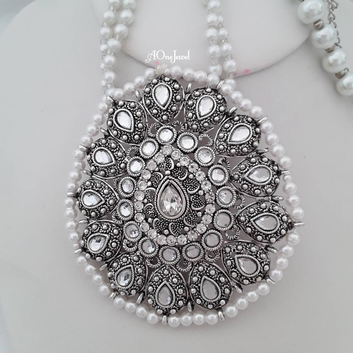Indian Ethnic Kundan Pearl Necklace, Antique Silver Plated Necklace Wedding Jewellery, Pakistani Jewellery, Sabysachi Jewellery,