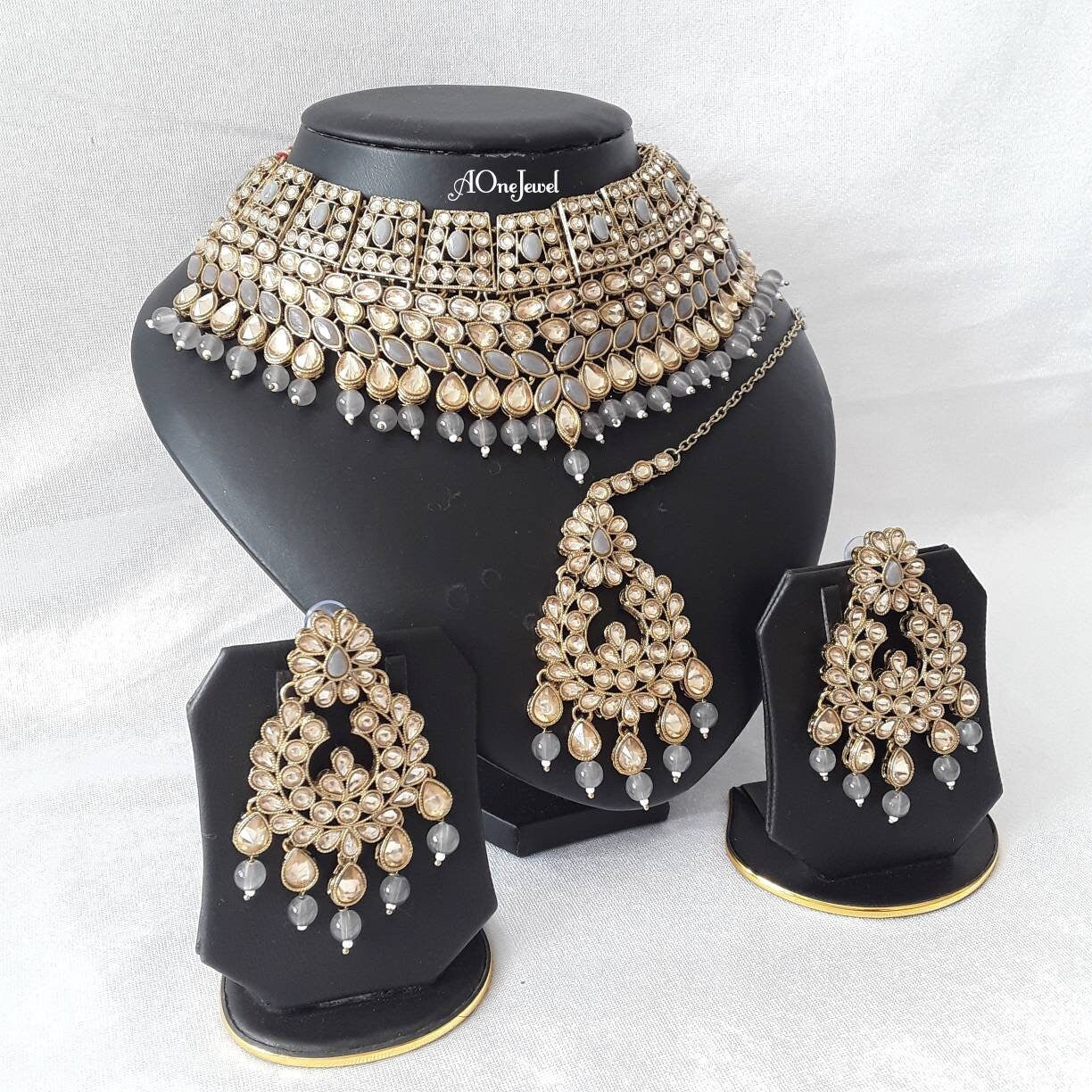 Indian Ethnic Kundan Pearl Necklace Set With Tikka, Pearl Necklace Set, Wedding Jewellery Set, Pakistani Jewellery Set, Gold Jewelry Set