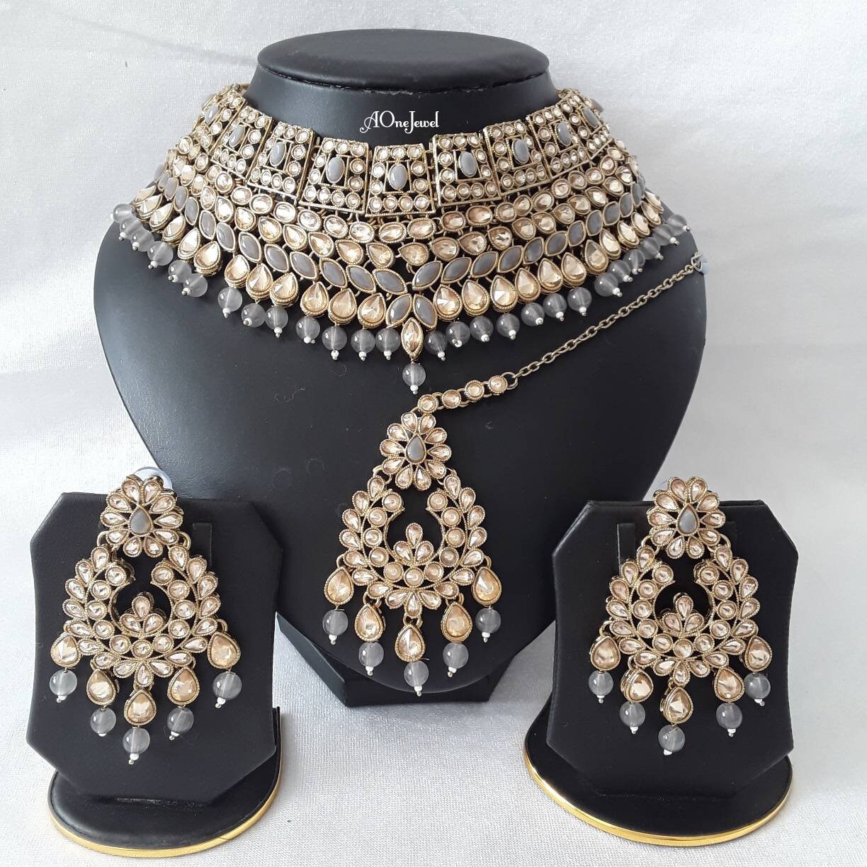 Indian Ethnic Kundan Pearl Necklace Set With Tikka, Pearl Necklace Set, Wedding Jewellery Set, Pakistani Jewellery Set, Gold Jewelry Set