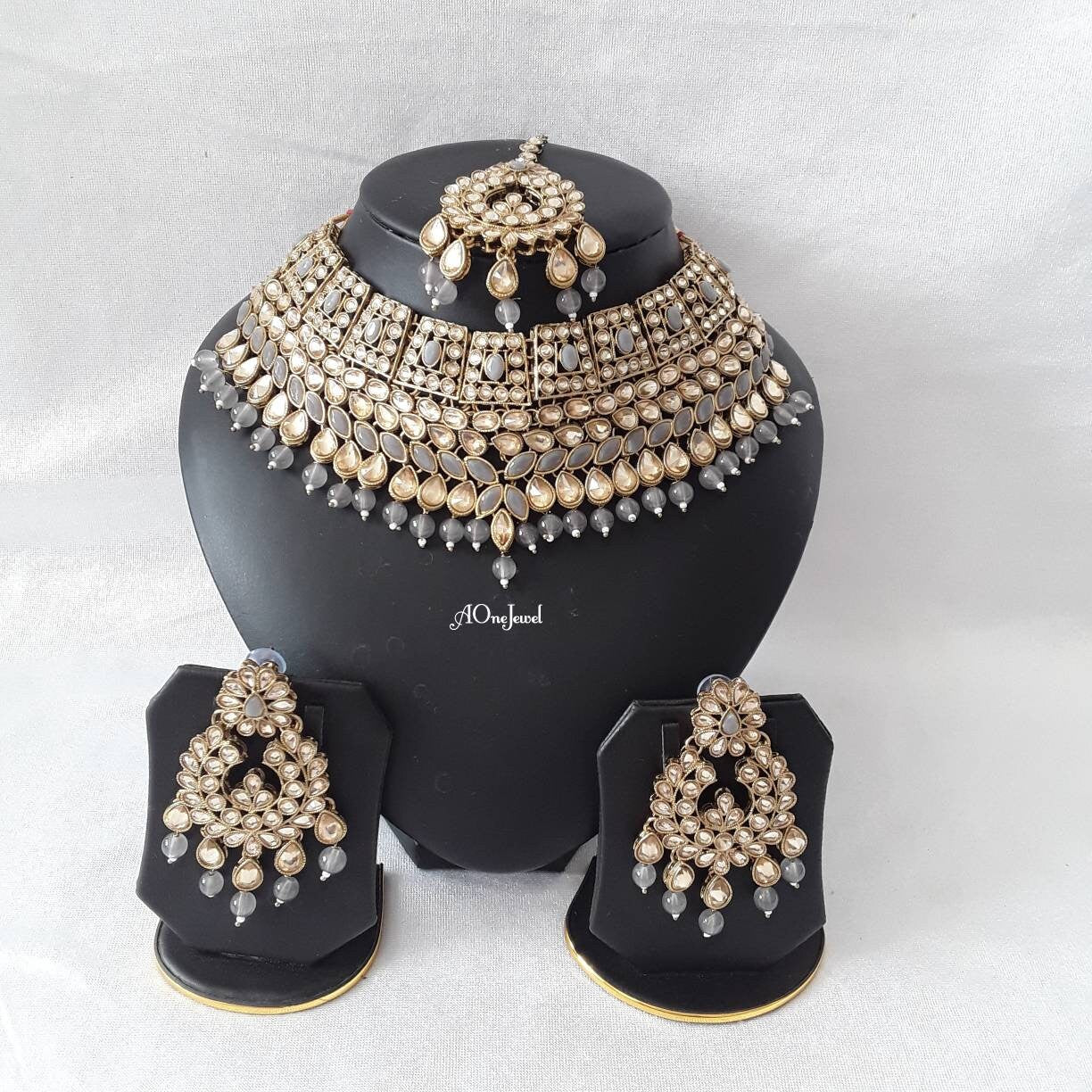 Indian Ethnic Kundan Pearl Necklace Set With Tikka, Pearl Necklace Set, Wedding Jewellery Set, Pakistani Jewellery Set, Gold Jewelry Set