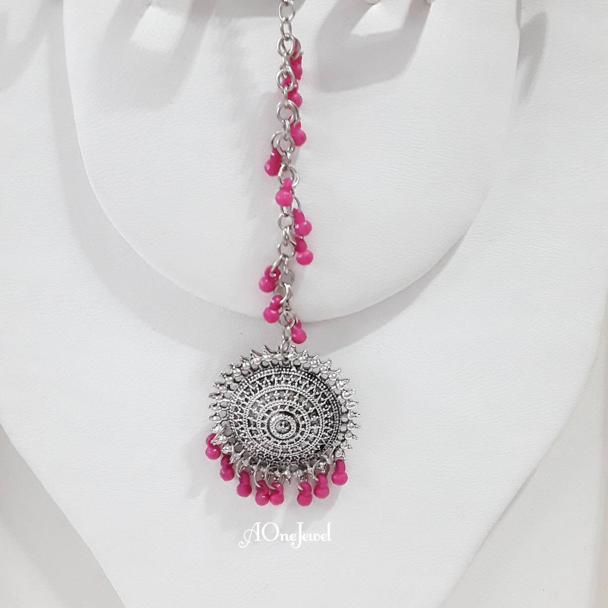 Indian Antique Silver Pink Crystal Pearl Sahara Earrings Tikka Set