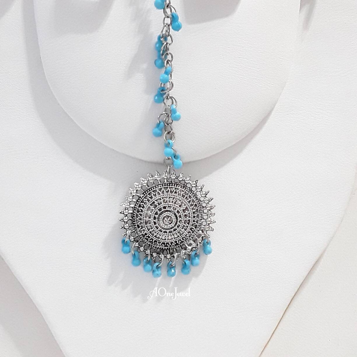 Indian Antique Silver Sky Blue Crystal Pearl Sahara Earrings Tikka Set