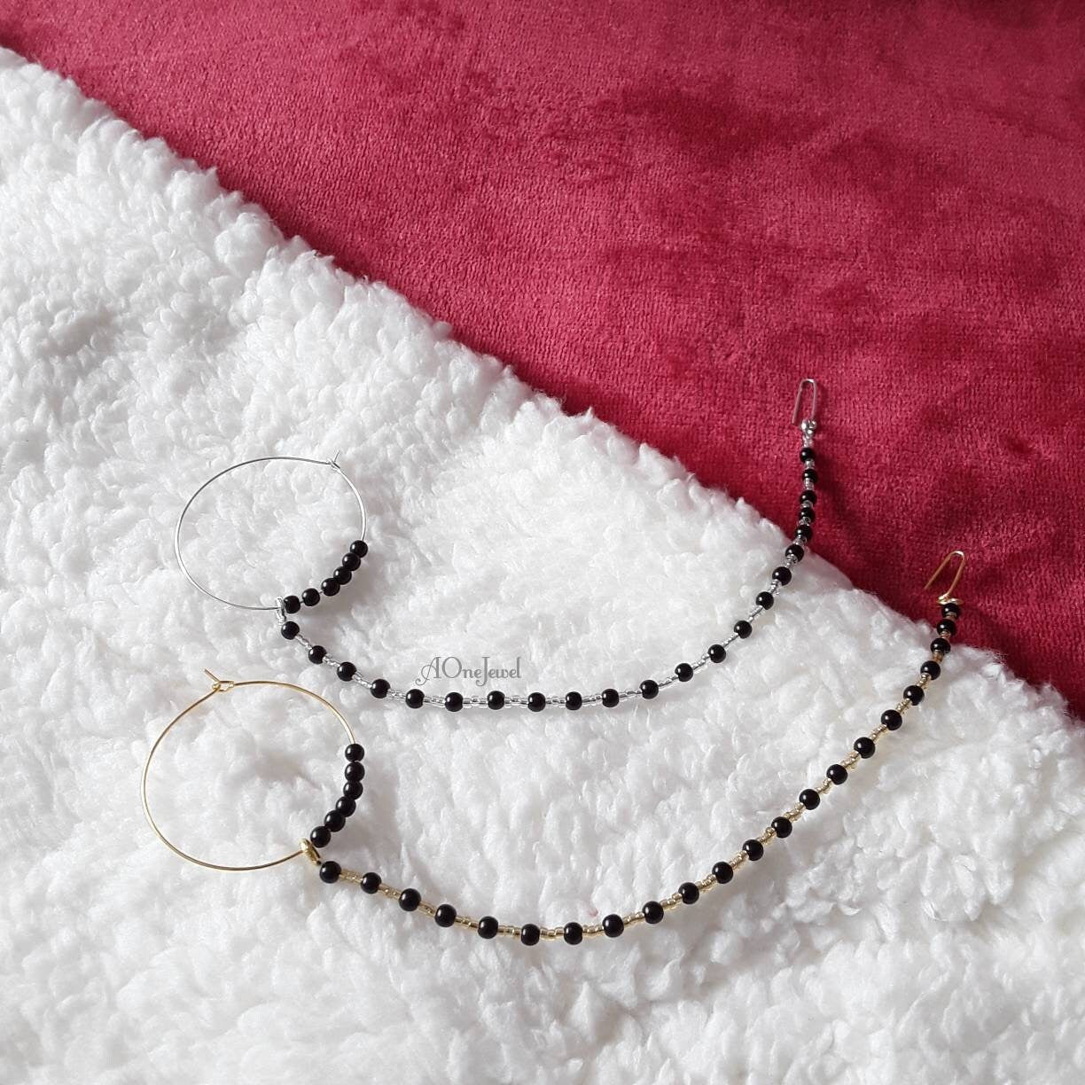 Indian Pearl Nath, Traditional Nose Ring, Pierced Nose Ring, Nose Ring Chain, Black Colour Nathni Jewellery, Nose Hoops, Bridal Nose Ring