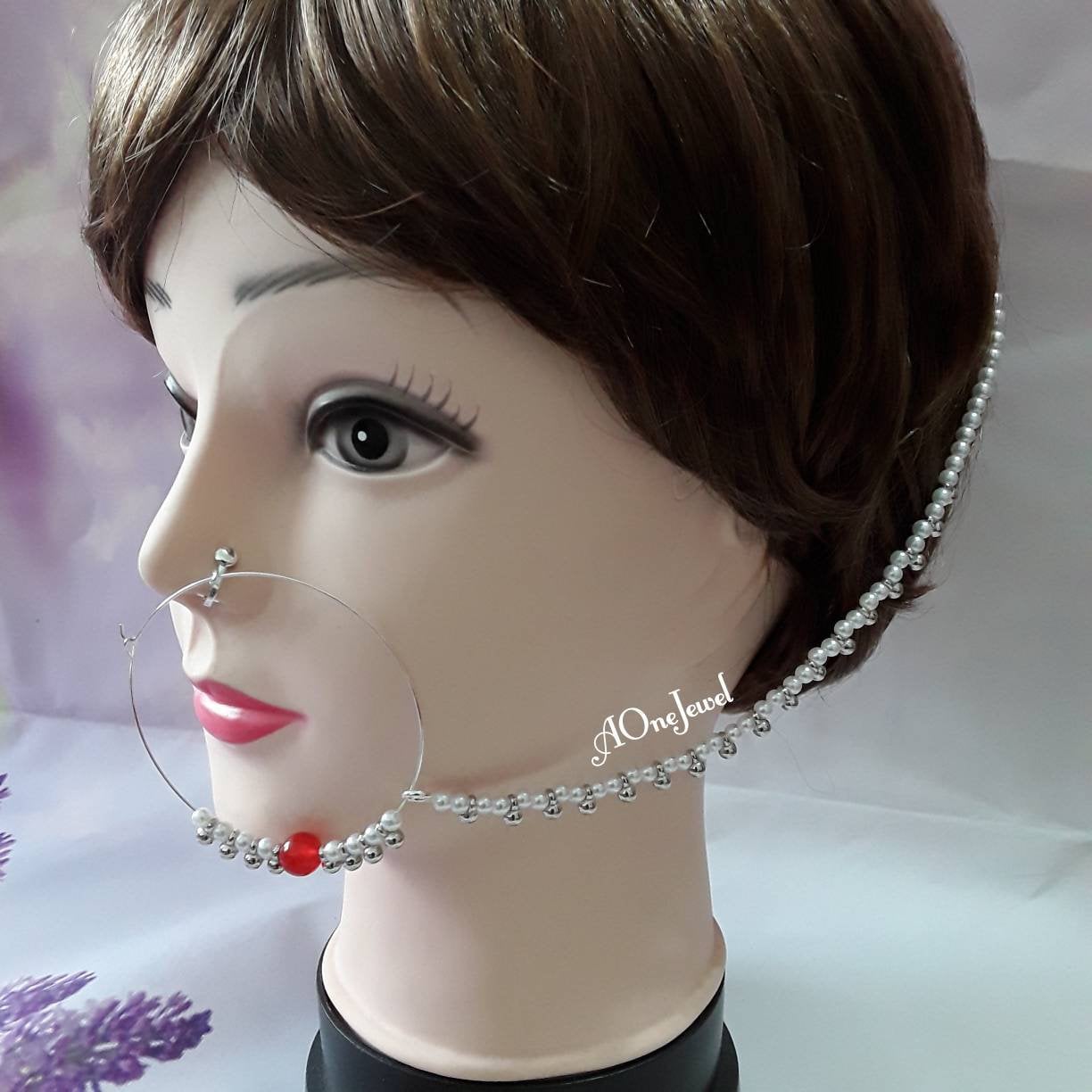 Indian Pearl Nath, Traditional Nose Ring, Pierced Nose Ring, Nose Ring Chain, Red Colour Nathni Jewellery, Nose Hoops, Bridal Nose Ring