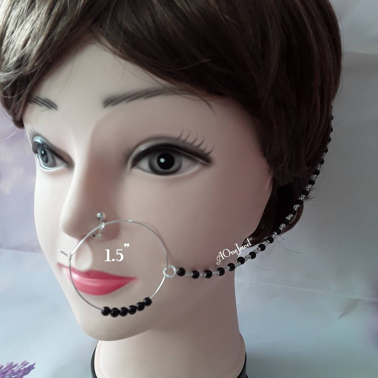 Indian Pearl Nath, Traditional Nose Ring, Pierced Nose Ring, Nose Ring Chain, Black Colour Nathni Jewellery, Nose Hoops, Bridal Nose Ring