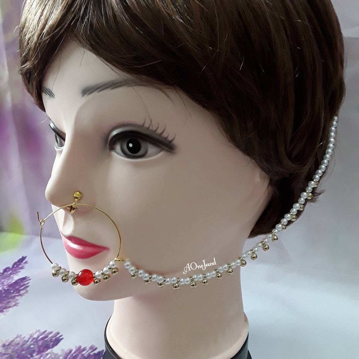 Indian Pearl Nath, Traditional Nose Ring, Pierced Nose Ring, Nose Ring Chain, Red Colour Nathni Jewellery, Nose Hoops, Bridal Nose Ring