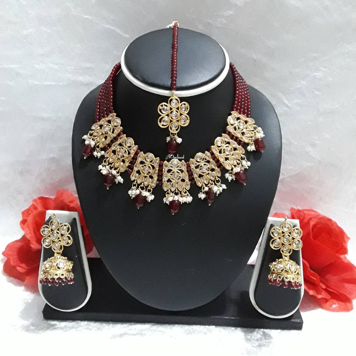 Indian Kundan Pearl Necklace Earrings Set, Gold Plated Wedding Necklace Set, Bridal Jewellery Set, Bridal Necklace Set, Pakistani Jewelry