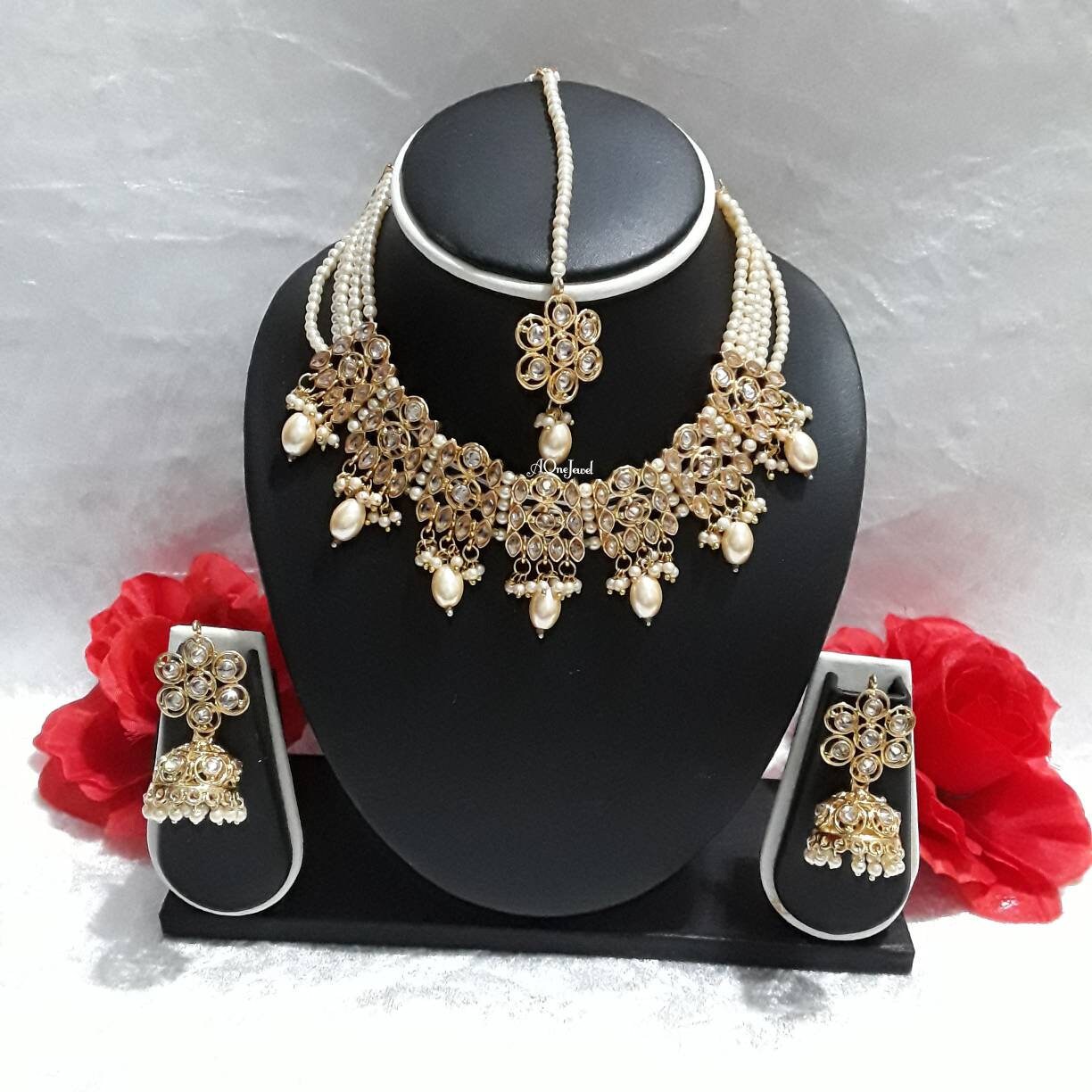 Indian Kundan Pearl Necklace Earrings Set, Gold Plated Wedding Necklace Set, Bridal Jewellery Set, Bridal Necklace Set, Pakistani Jewelry