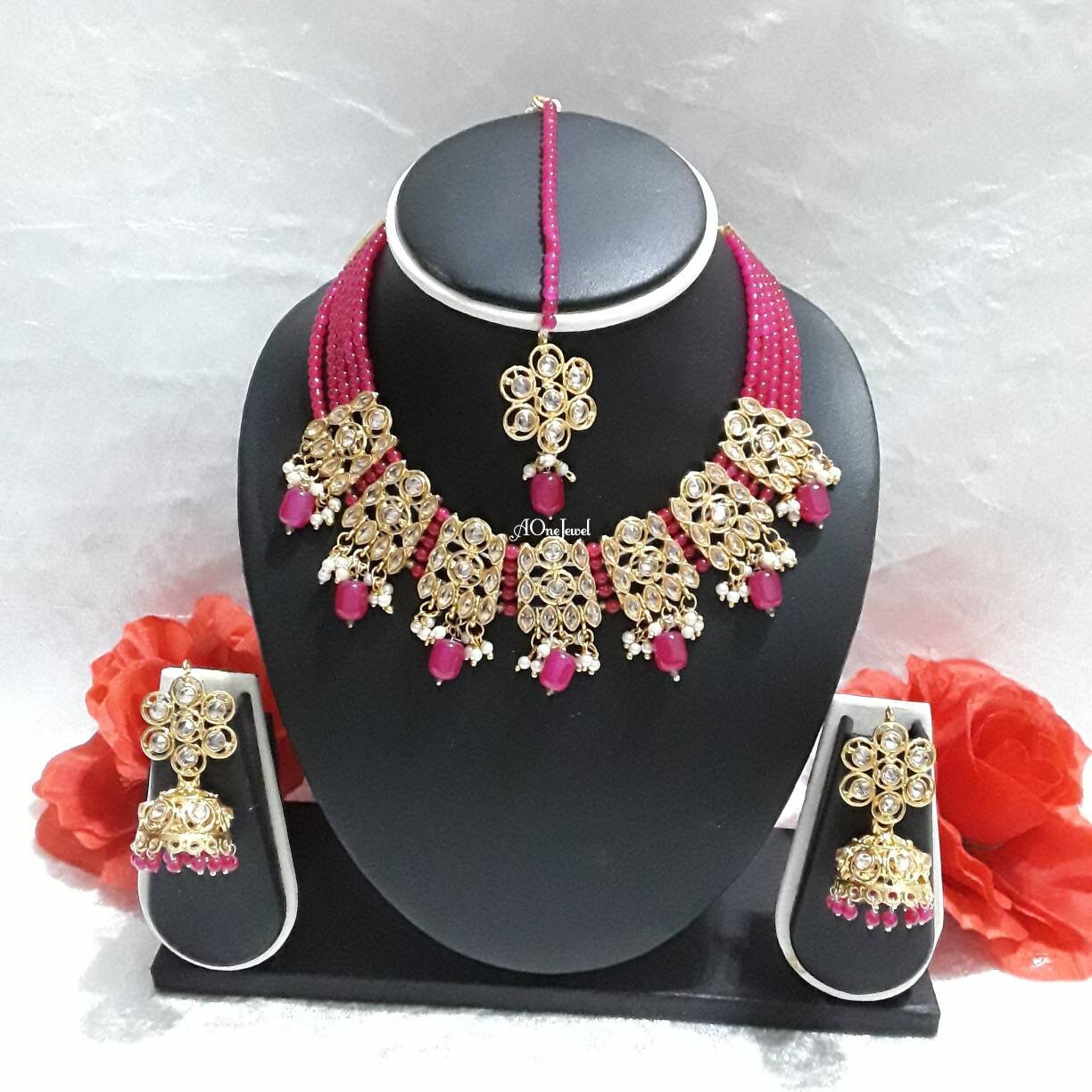 Indian Kundan Pearl Necklace Earrings Set, Gold Plated Wedding Necklace Set, Bridal Jewellery Set, Bridal Necklace Set, Pakistani Jewelry