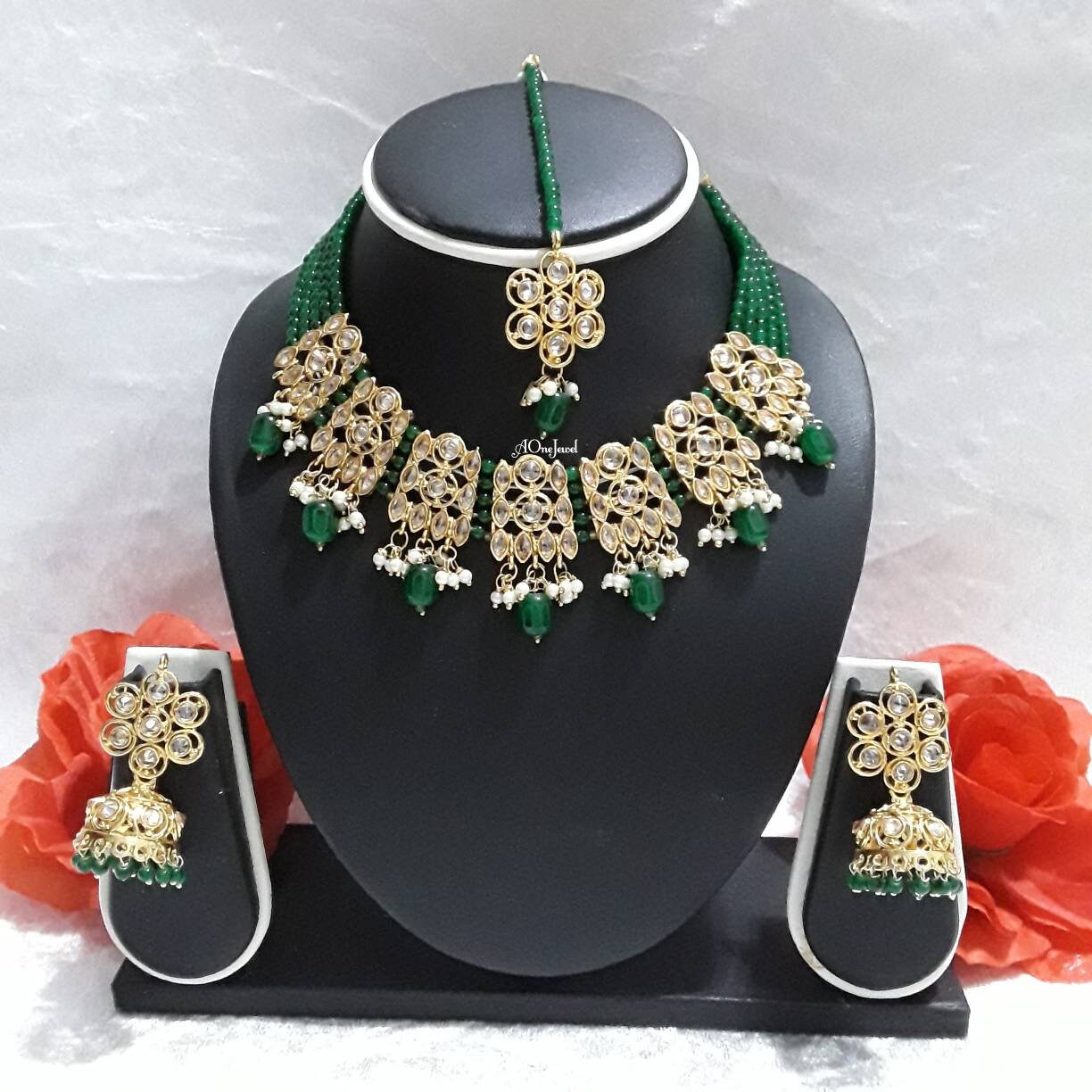 Indian Kundan Pearl Necklace Earrings Set, Gold Plated Wedding Necklace Set, Bridal Jewellery Set, Bridal Necklace Set, Pakistani Jewelry