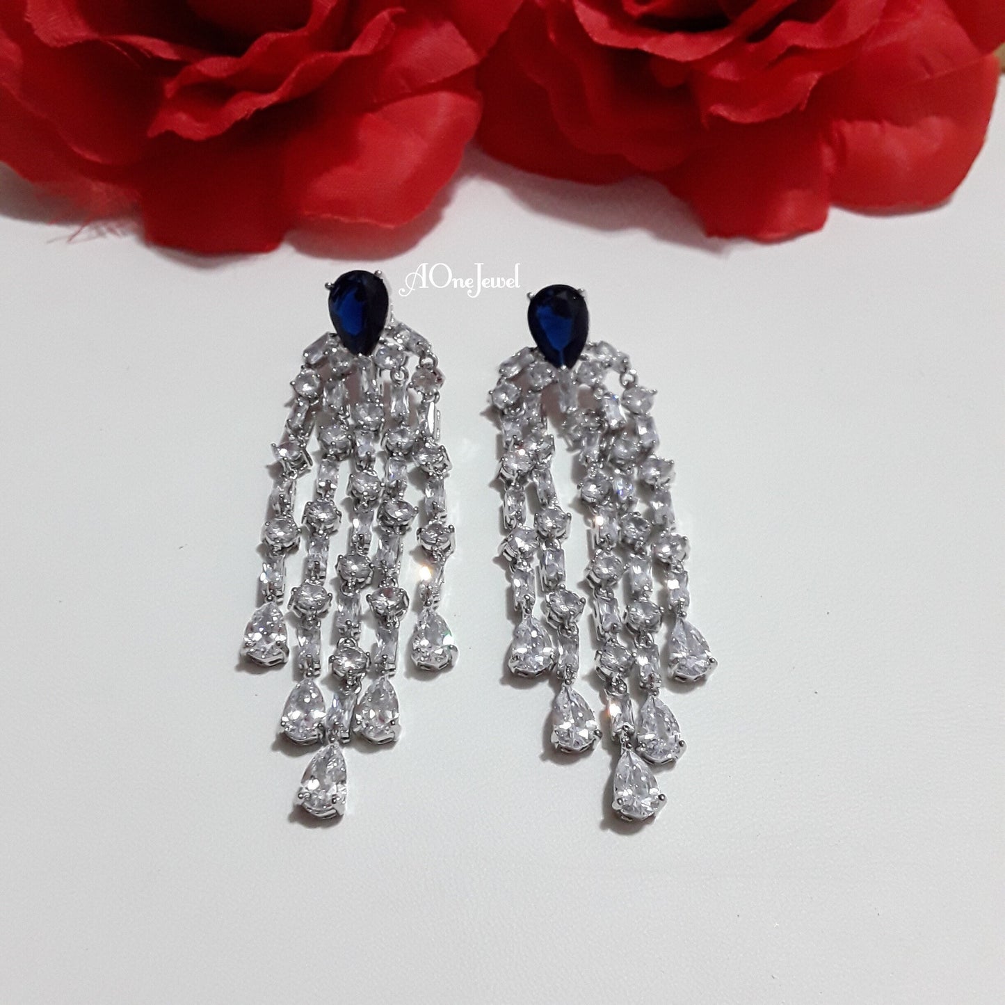 Indian white gold plated Sapphire tassel earrings